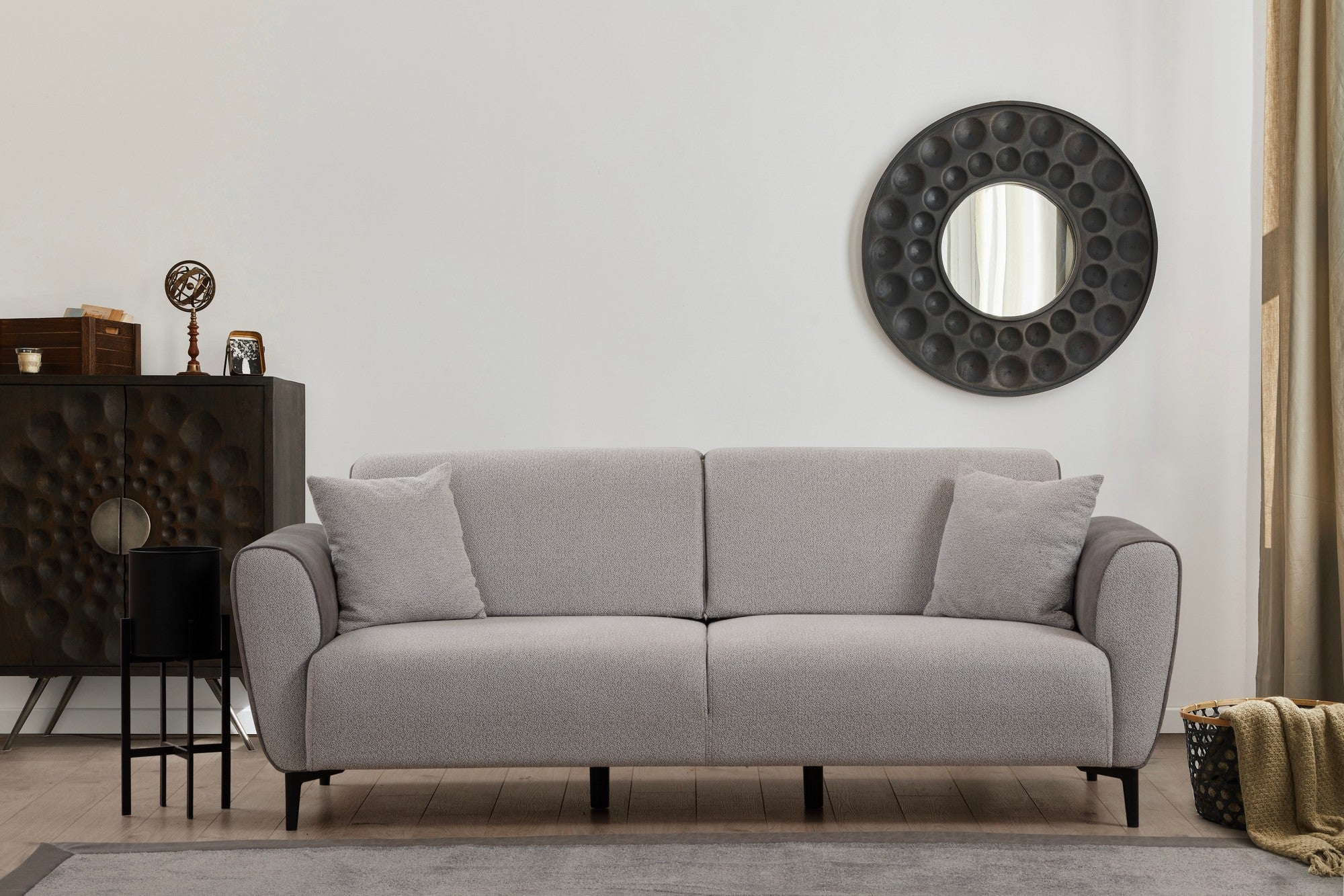 Sofá-cama elegante de 3 lugares, cinza, 215 x 85 x 85 cm | Estrutura em madeira de faia, 100% poliéster, mecanismo giratório | Perfeito para salas de estar modernas e espaços para hóspedes