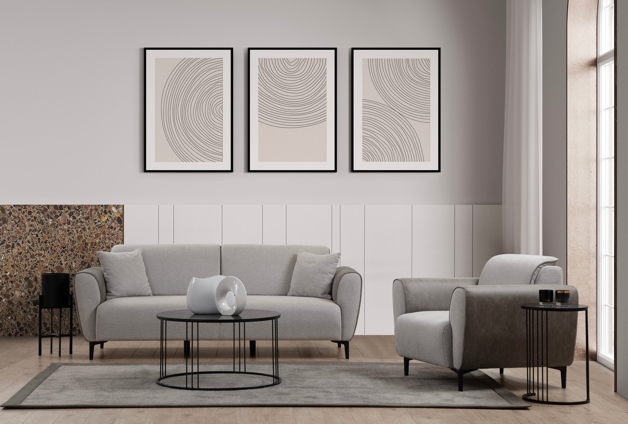 Sofá-cama elegante de 3 lugares, cinza, 215 x 85 x 85 cm | Estrutura em madeira de faia, 100% poliéster, mecanismo giratório | Perfeito para salas de estar modernas e espaços para hóspedes