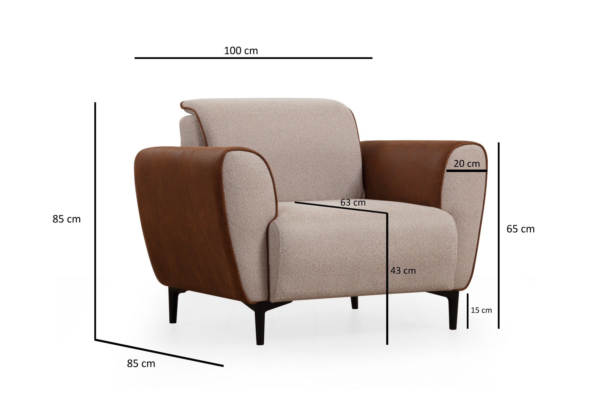 Sofá elegante de 1 lugar, bege e canela, 100x85x85 cm | Estrutura em madeira de faia e aglomerado, 100% poliéster, almofadas de espuma macia | Tecido fácil de limpar, design moderno