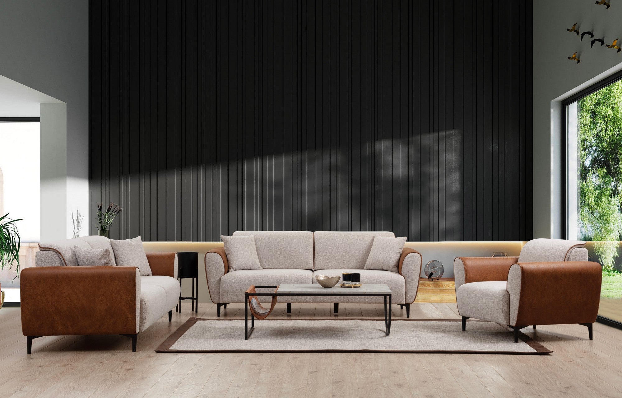 Sofá elegante de 1 lugar, bege e canela, 100x85x85 cm | Estrutura em madeira de faia e aglomerado, 100% poliéster, almofadas de espuma macia | Tecido fácil de limpar, design moderno