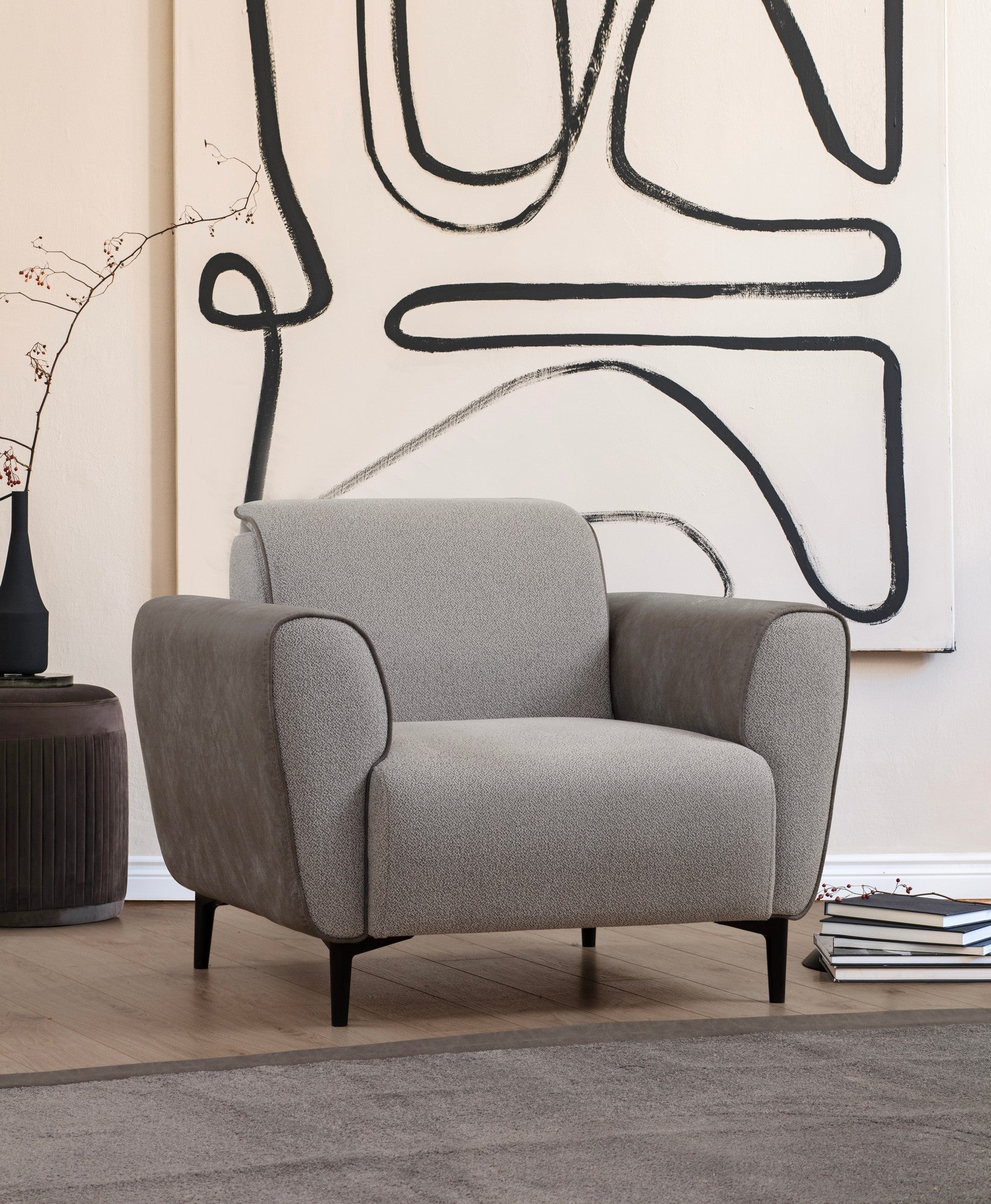Sofá elegante de 1 lugar, cinza, 100 cm | Estrutura em madeira de faia e aglomerado, tecido 100% poliéster | Almofadas de espuma macia, fácil de limpar, design moderno