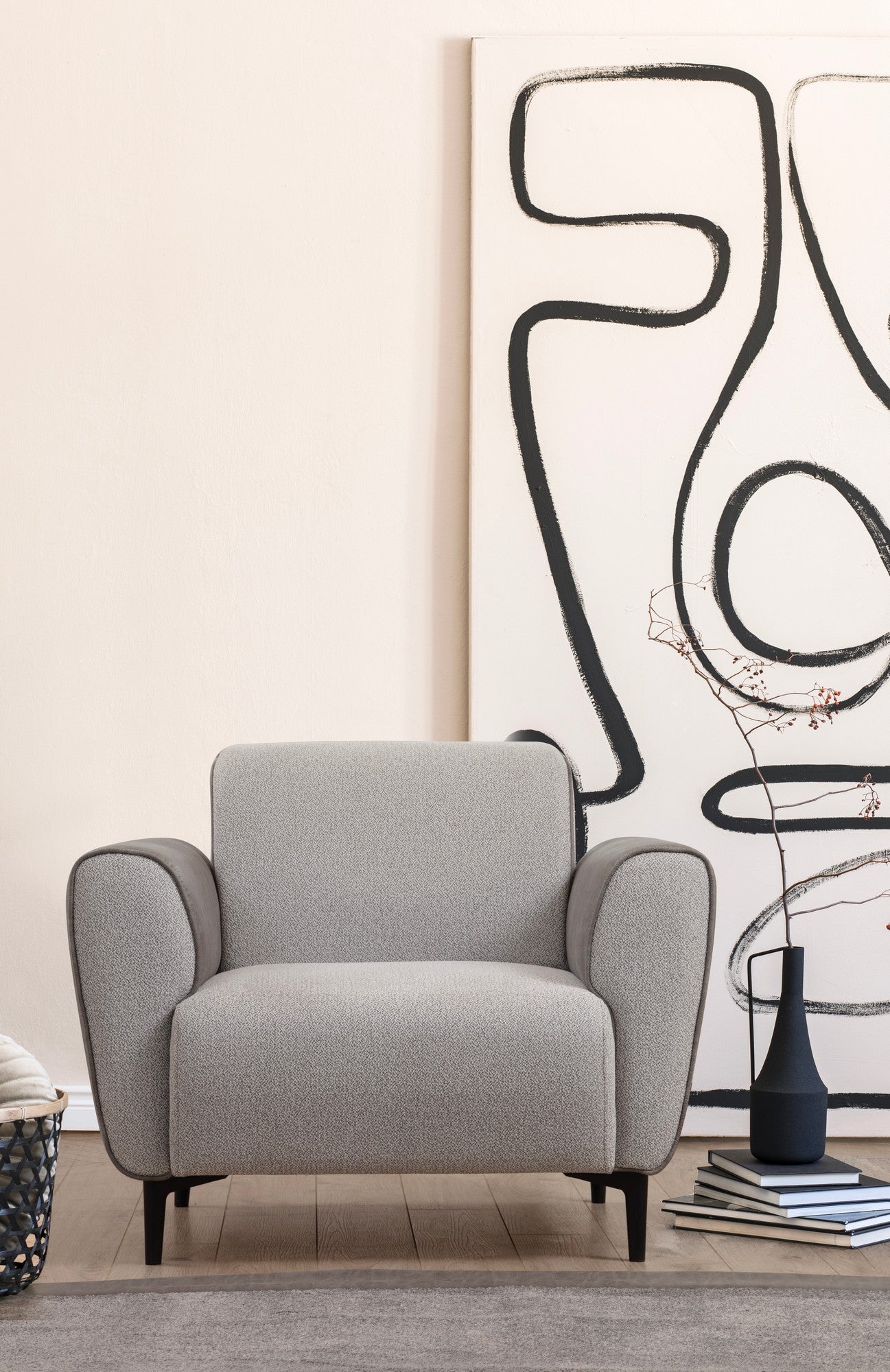 Sofá elegante de 1 lugar, cinza, 100 cm | Estrutura em madeira de faia e aglomerado, tecido 100% poliéster | Almofadas de espuma macia, fácil de limpar, design moderno