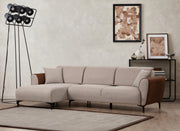 Sofá-cama de canto elegante, estrutura de madeira de faia e aglomerado, 150 x 260 cm, 100% poliéster, mecanismo giratório, bege e canela, perfeito para espaços de estar modernos
