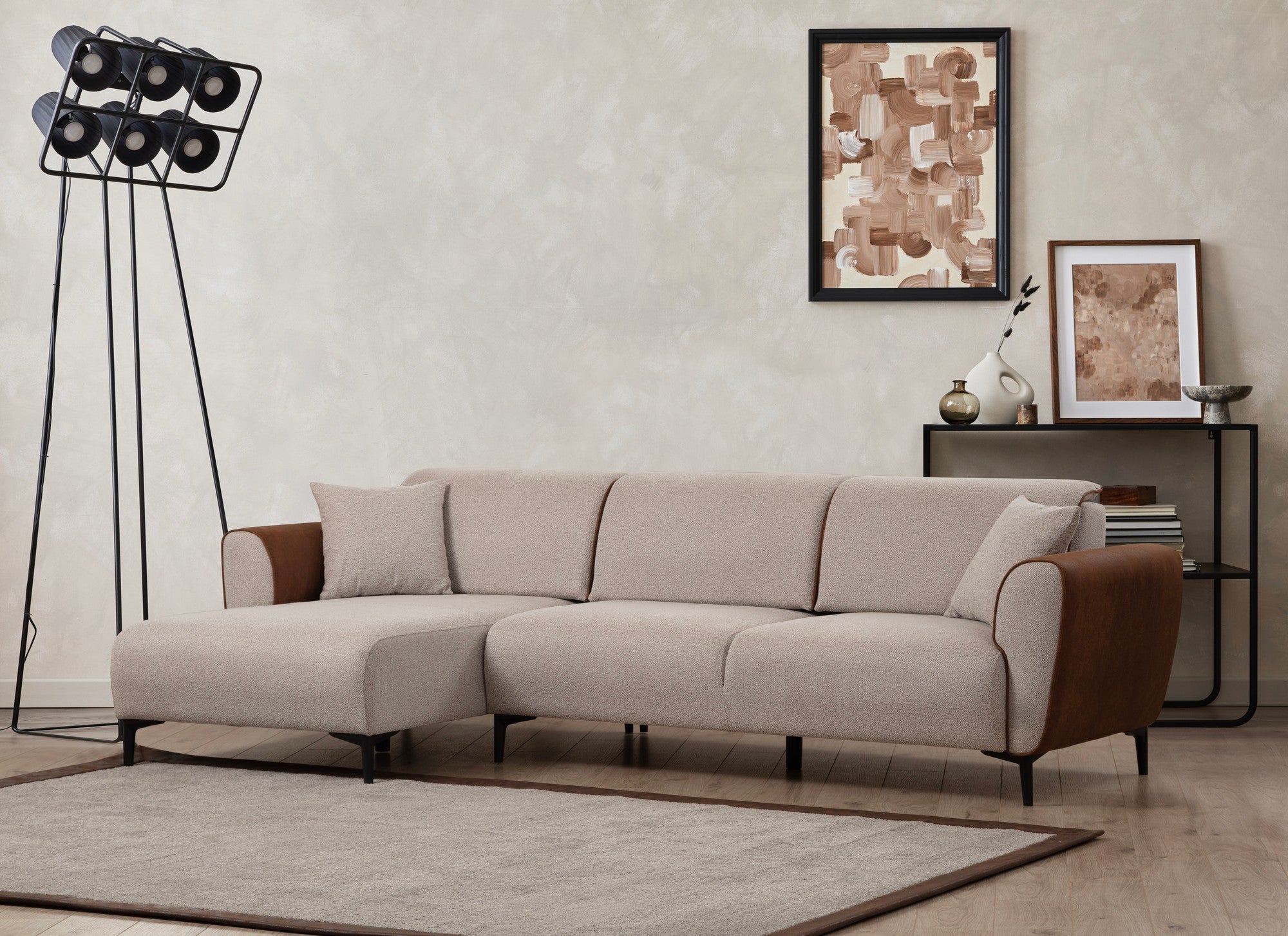 Sofá-cama de canto elegante, estrutura de madeira de faia e aglomerado, 150 x 260 cm, 100% poliéster, mecanismo giratório, bege e canela, perfeito para espaços de estar modernos
