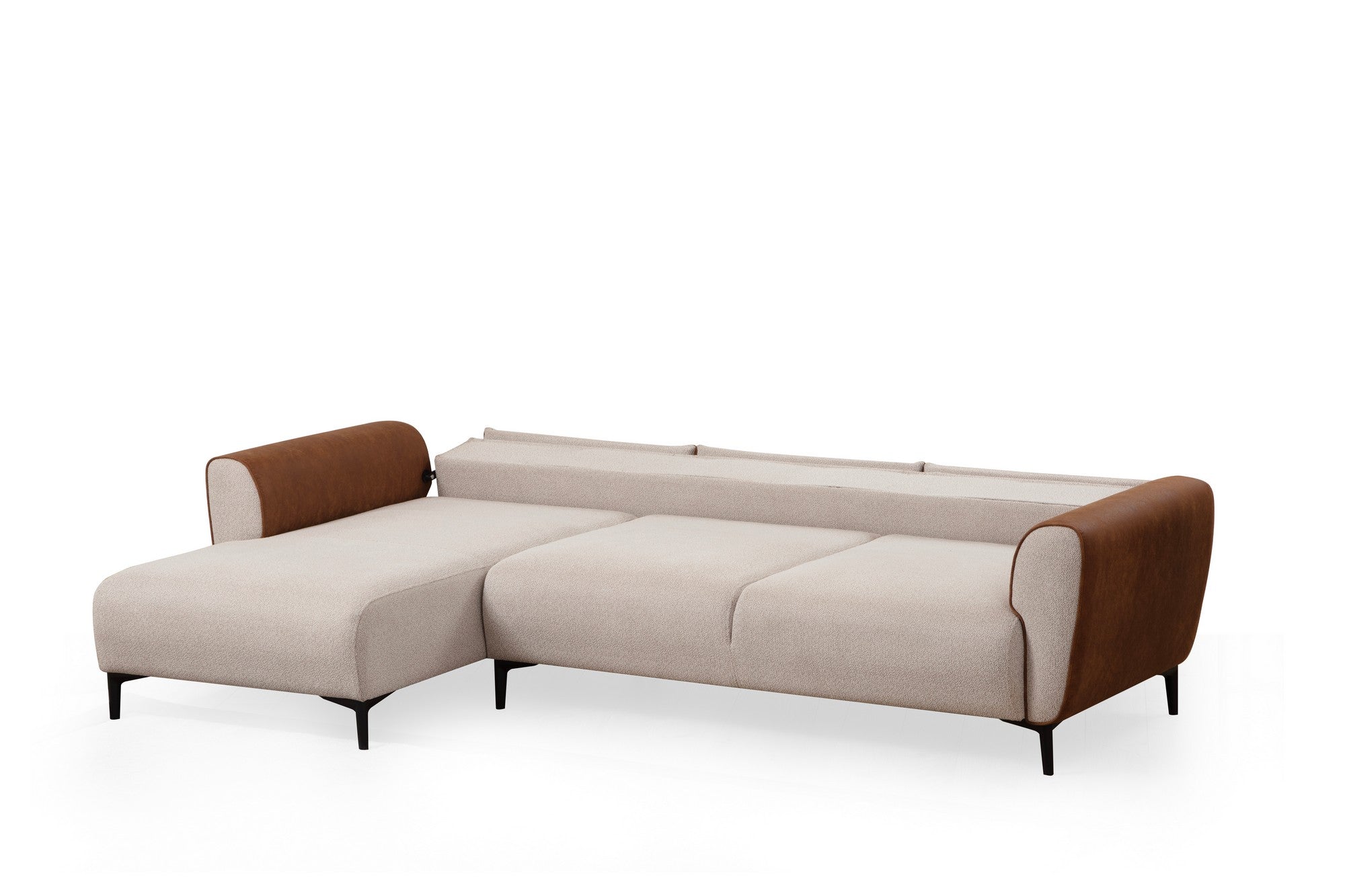 Sofá-cama de canto elegante, estrutura de madeira de faia e aglomerado, 150 x 260 cm, 100% poliéster, mecanismo giratório, bege e canela, perfeito para espaços de estar modernos