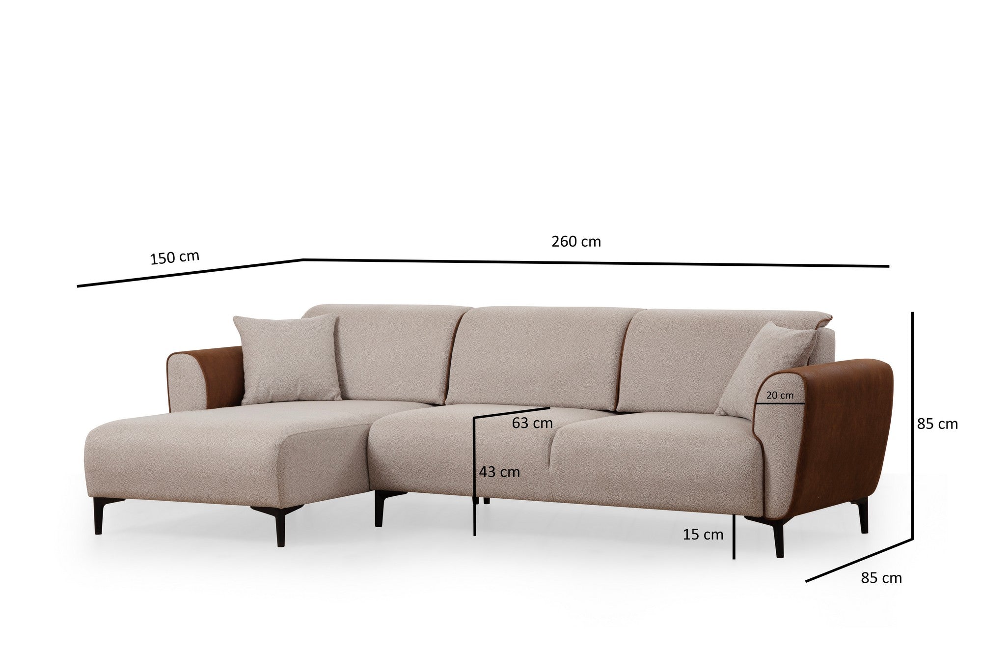 Sofá-cama de canto elegante, estrutura de madeira de faia e aglomerado, 150 x 260 cm, 100% poliéster, mecanismo giratório, bege e canela, perfeito para espaços de estar modernos