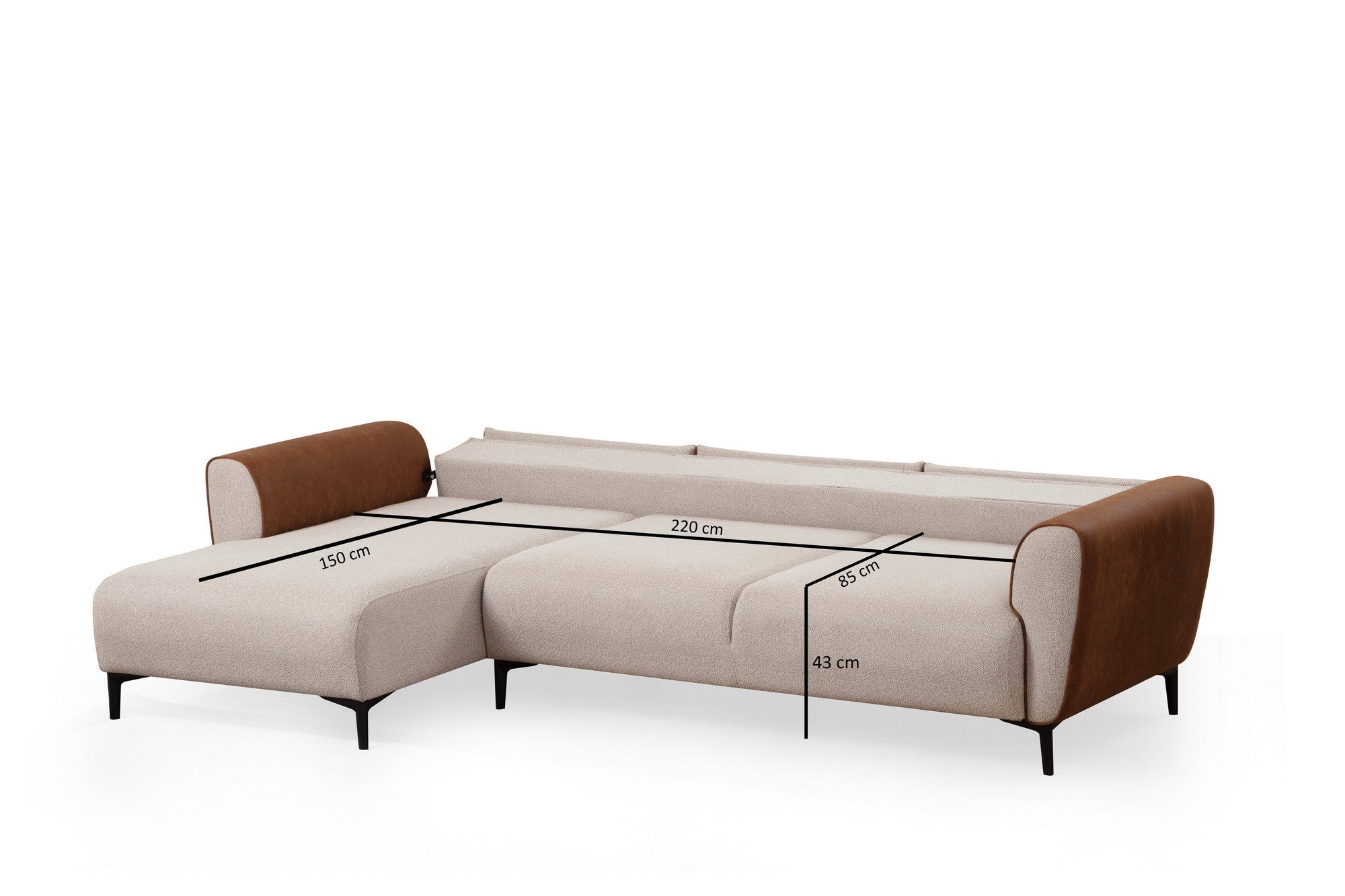 Sofá-cama de canto elegante, estrutura de madeira de faia e aglomerado, 150 x 260 cm, 100% poliéster, mecanismo giratório, bege e canela, perfeito para espaços de estar modernos