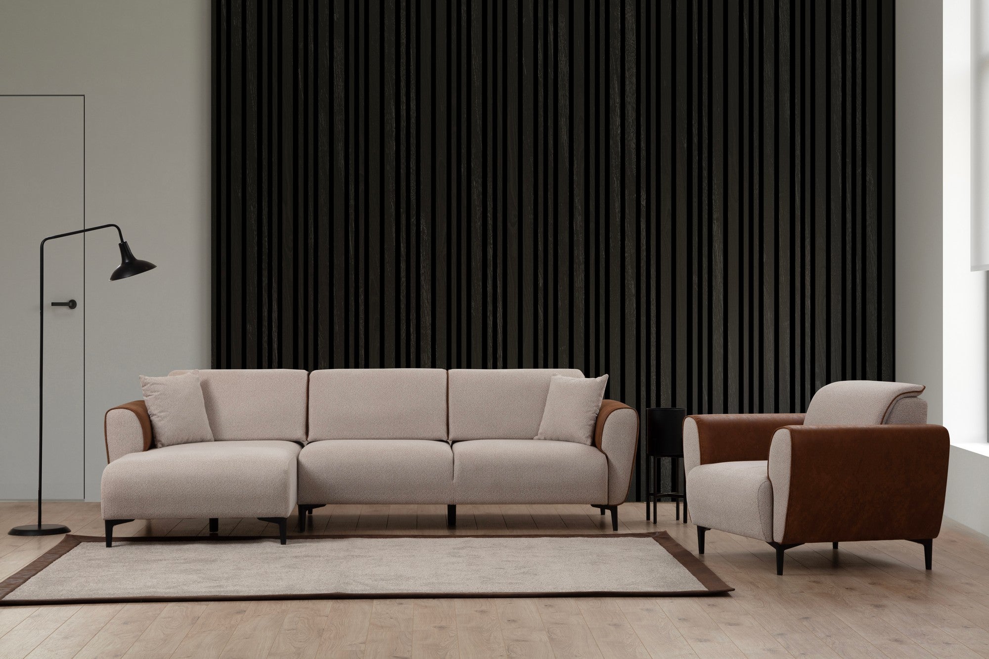 Sofá-cama de canto elegante, estrutura de madeira de faia e aglomerado, 150 x 260 cm, 100% poliéster, mecanismo giratório, bege e canela, perfeito para espaços de estar modernos