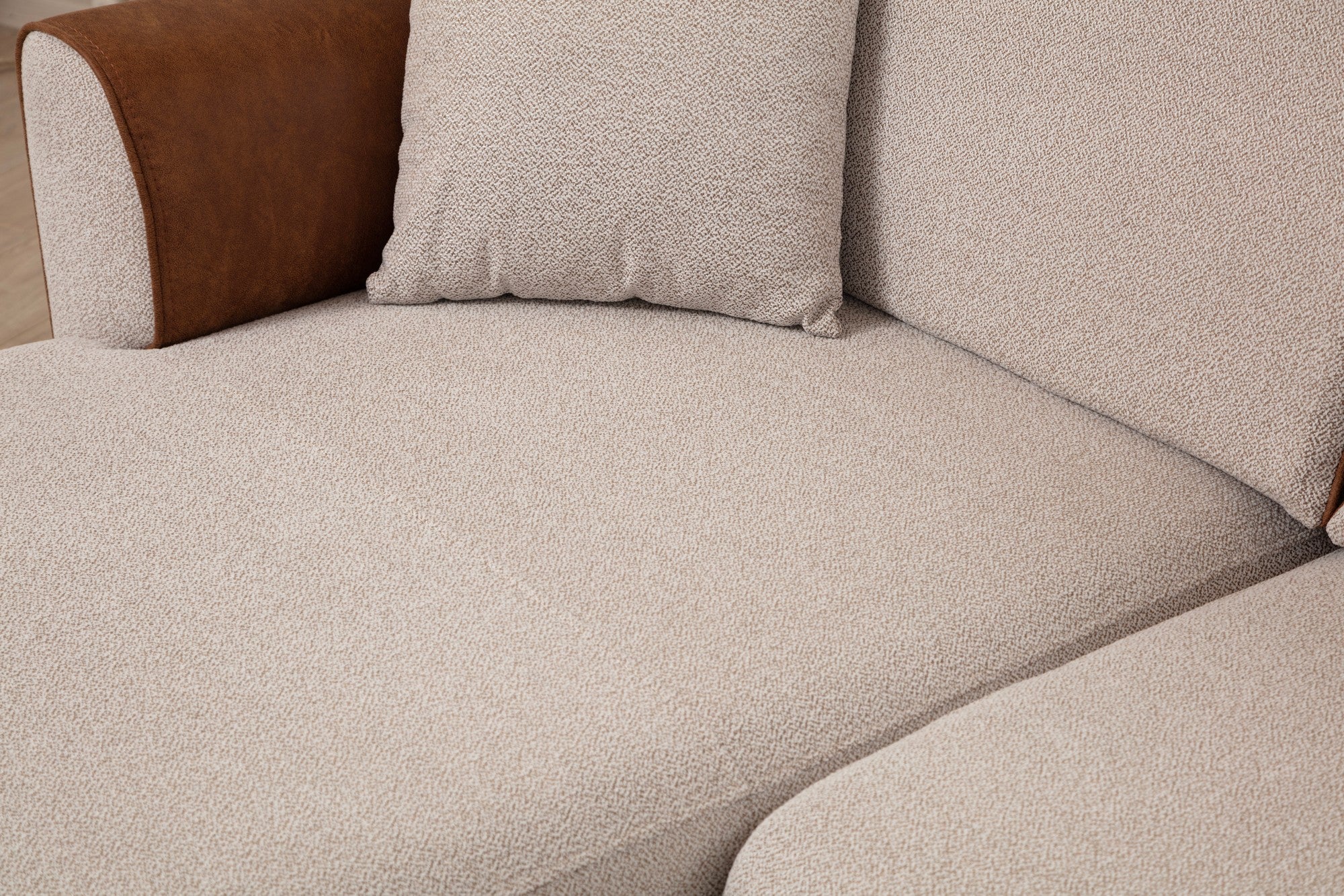 Sofá-cama de canto elegante, estrutura de madeira de faia e aglomerado, 150 x 260 cm, 100% poliéster, mecanismo giratório, bege e canela, perfeito para espaços de estar modernos