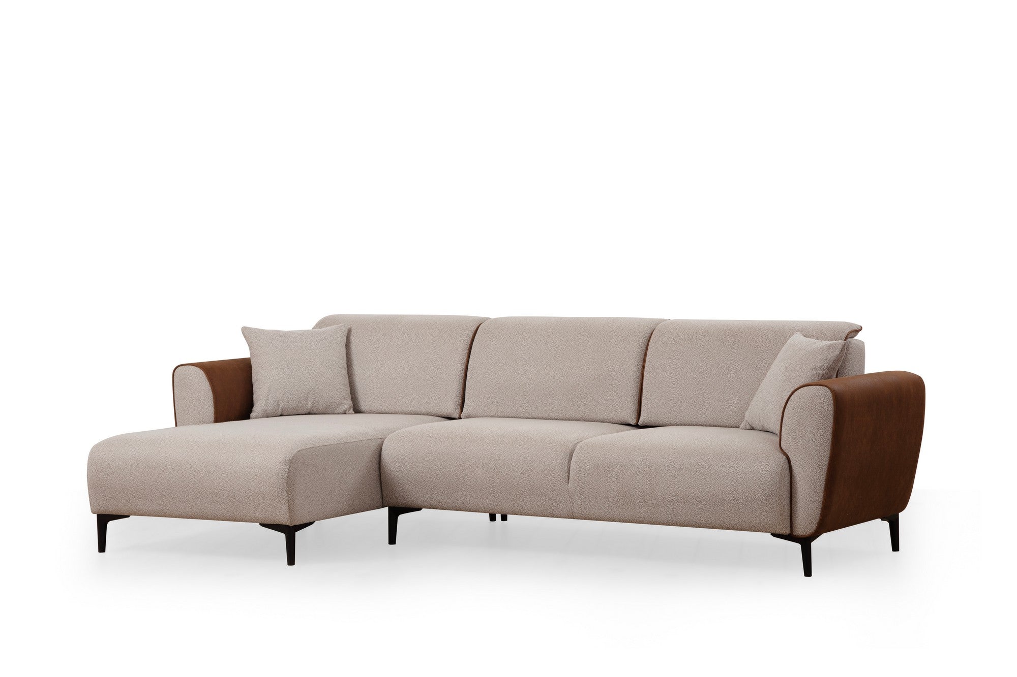 Sofá-cama de canto elegante, estrutura de madeira de faia e aglomerado, 150 x 260 cm, 100% poliéster, mecanismo giratório, bege e canela, perfeito para espaços de estar modernos