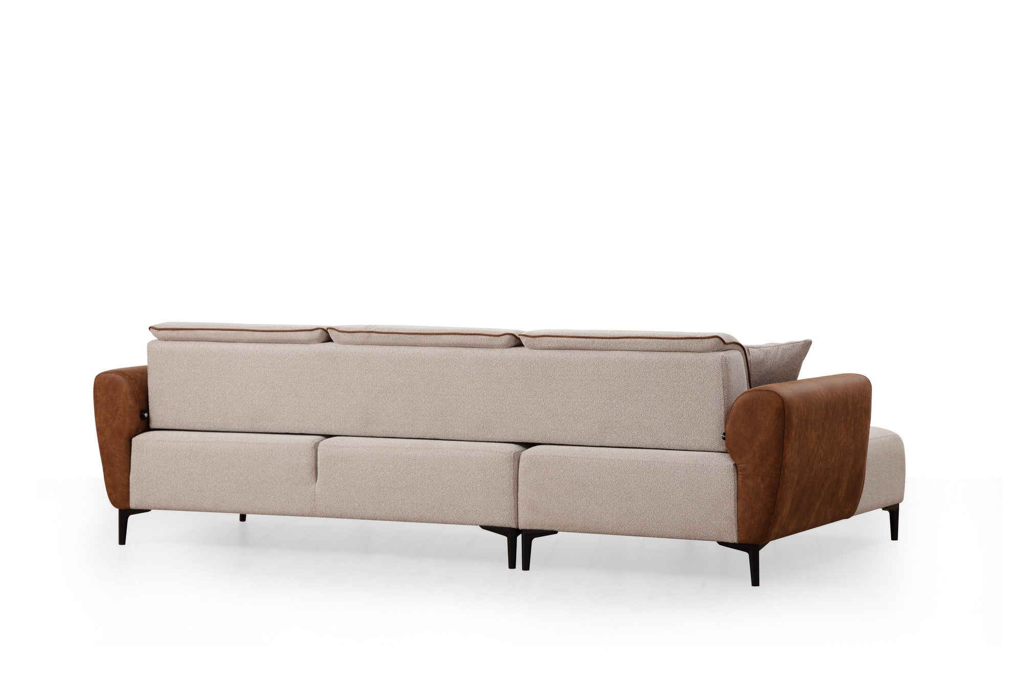 Sofá-cama de canto elegante, estrutura de madeira de faia e aglomerado, 150 x 260 cm, 100% poliéster, mecanismo giratório, bege e canela, perfeito para espaços de estar modernos