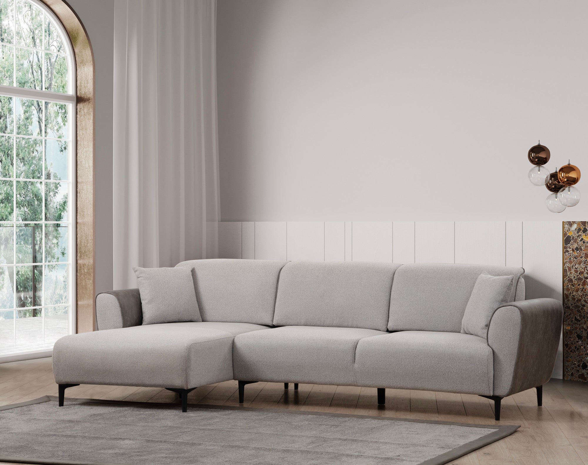 Sofá-cama de canto elegante, cinza, 150 x 260 cm | Estrutura em madeira de faia e aglomerado, 100% poliéster | Mecanismo giratório, tecido fácil de limpar, design moderno