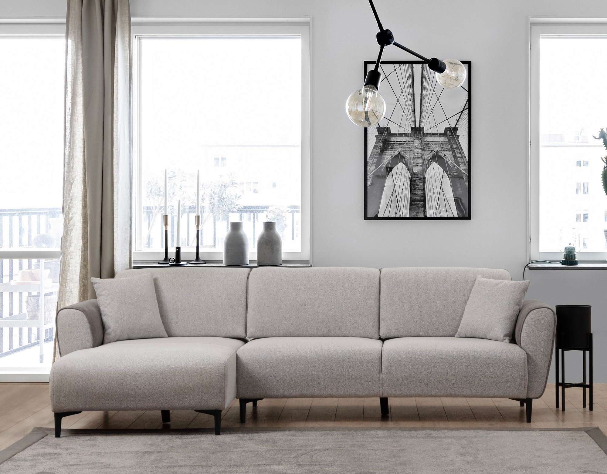 Sofá-cama de canto elegante, cinza, 150 x 260 cm | Estrutura em madeira de faia e aglomerado, 100% poliéster | Mecanismo giratório, tecido fácil de limpar, design moderno
