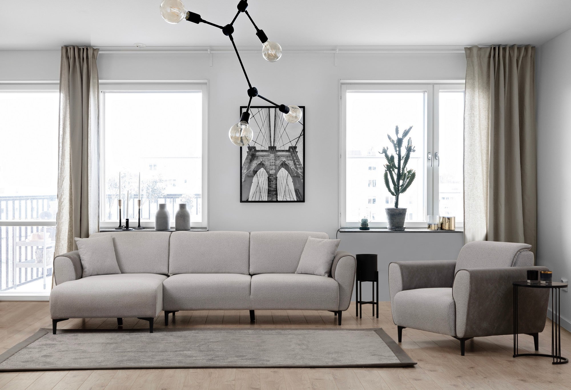 Sofá-cama de canto elegante, cinza, 150 x 260 cm | Estrutura em madeira de faia e aglomerado, 100% poliéster | Mecanismo giratório, tecido fácil de limpar, design moderno