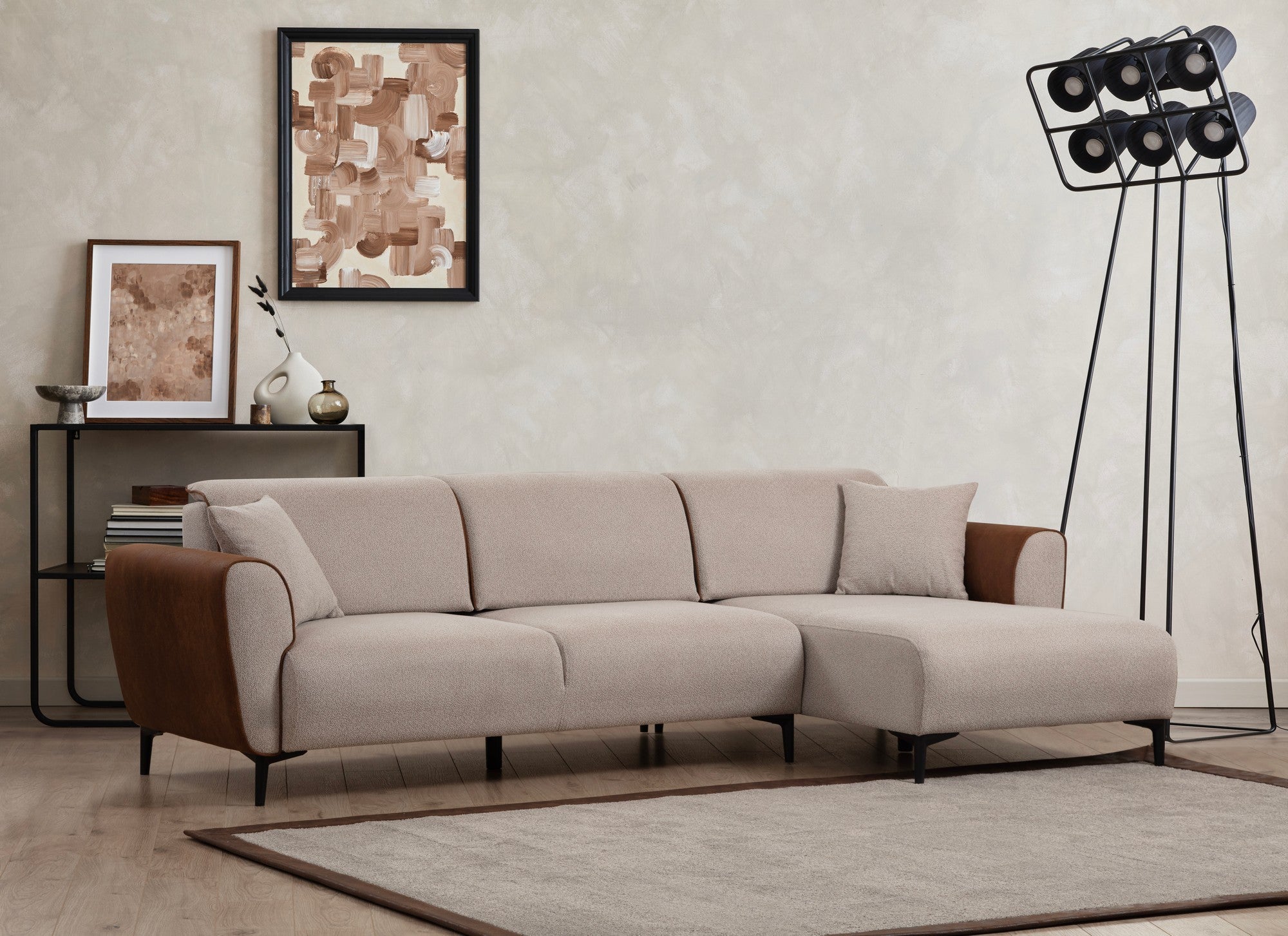 Sofá-cama de canto elegante, estrutura de madeira de faia e aglomerado, 150 x 260 cm, 100% poliéster, mecanismo giratório, bege e canela, perfeito para espaços de estar modernos