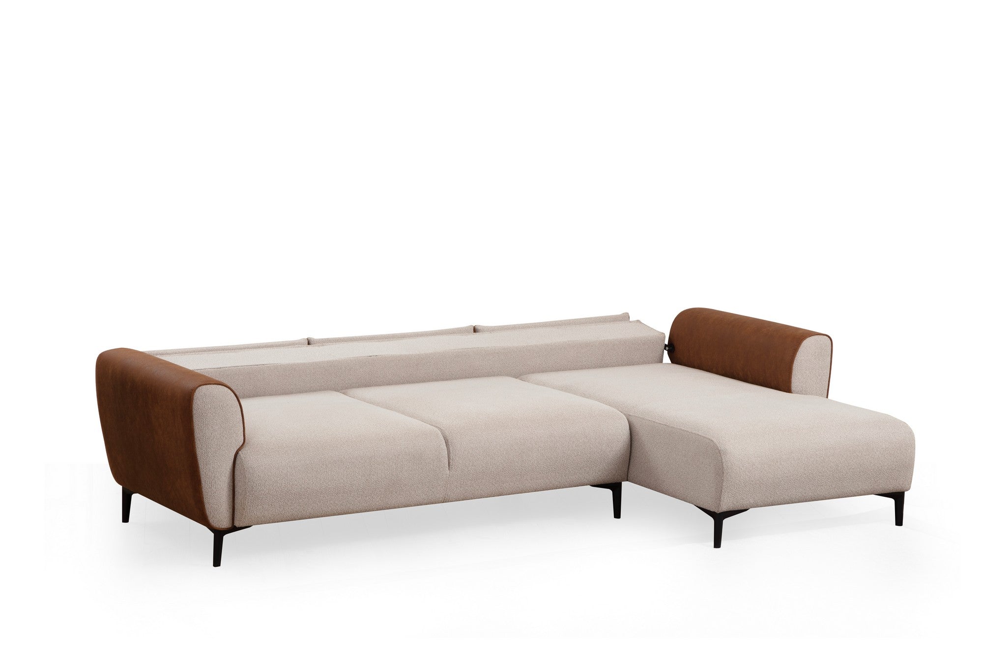 Sofá-cama de canto elegante, estrutura de madeira de faia e aglomerado, 150 x 260 cm, 100% poliéster, mecanismo giratório, bege e canela, perfeito para espaços de estar modernos