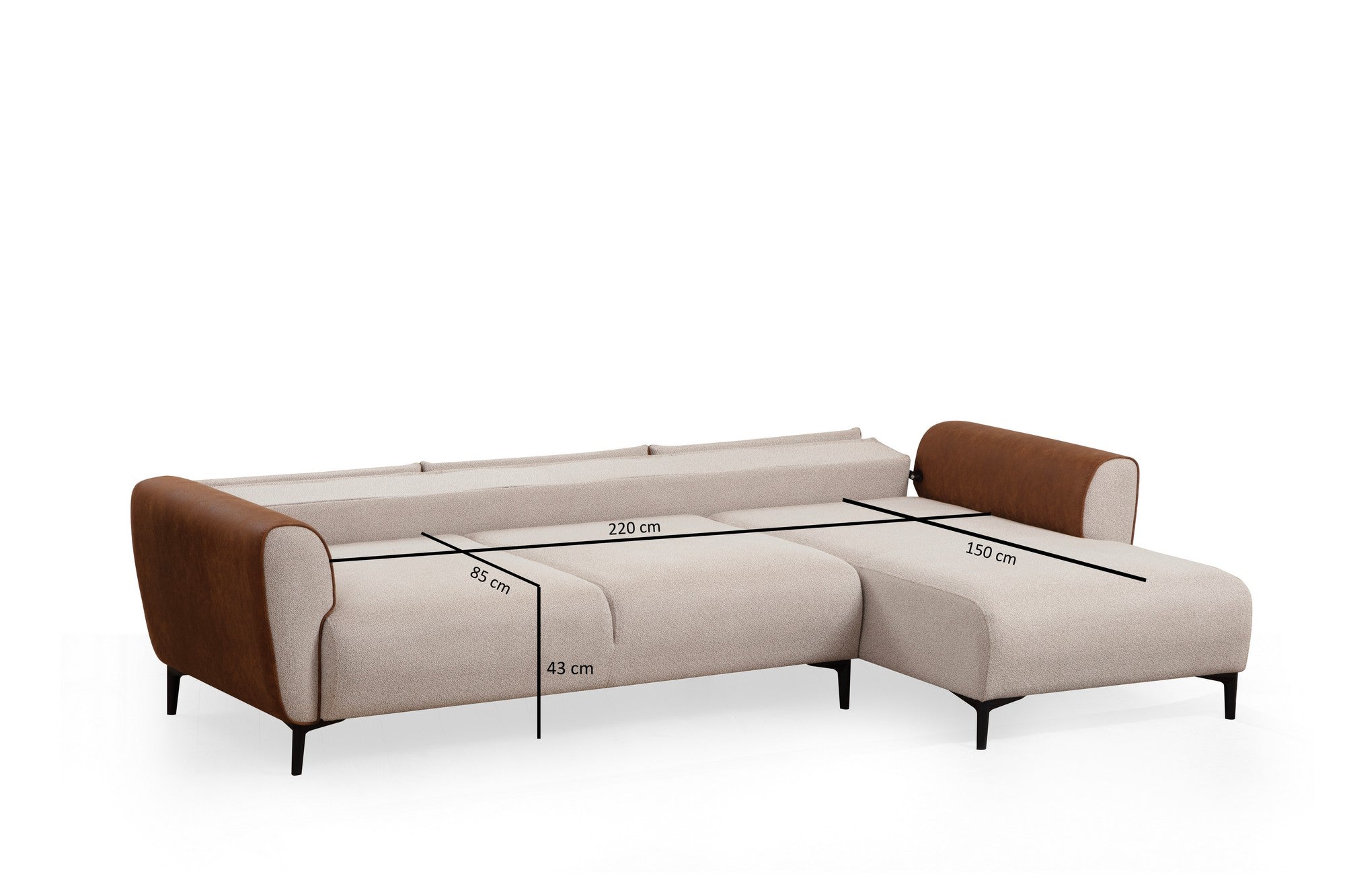 Sofá-cama de canto elegante, estrutura de madeira de faia e aglomerado, 150 x 260 cm, 100% poliéster, mecanismo giratório, bege e canela, perfeito para espaços de estar modernos