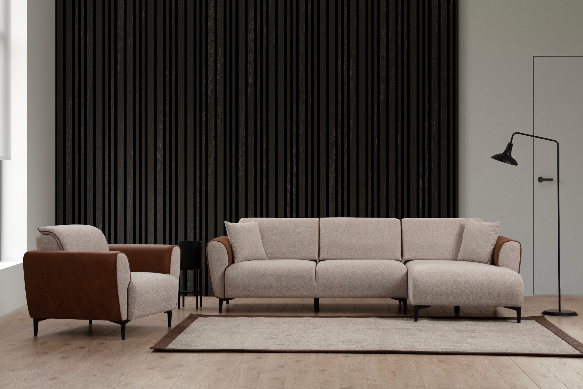 Sofá-cama de canto elegante, estrutura de madeira de faia e aglomerado, 150 x 260 cm, 100% poliéster, mecanismo giratório, bege e canela, perfeito para espaços de estar modernos
