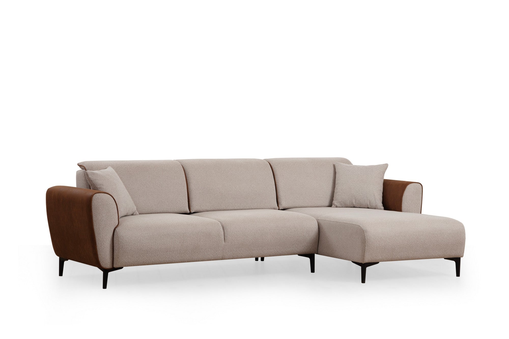 Sofá-cama de canto elegante, estrutura de madeira de faia e aglomerado, 150 x 260 cm, 100% poliéster, mecanismo giratório, bege e canela, perfeito para espaços de estar modernos