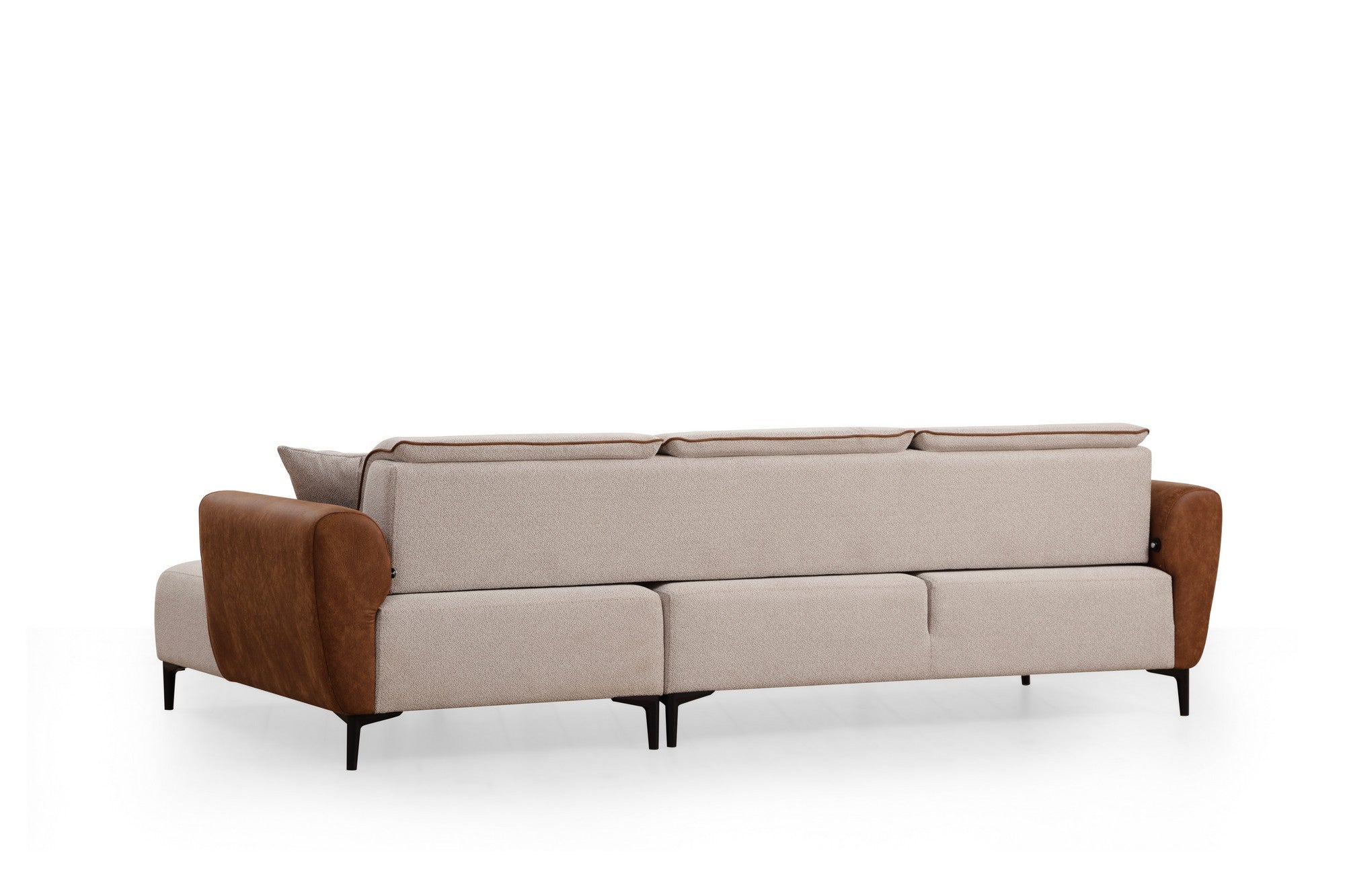 Sofá-cama de canto elegante, estrutura de madeira de faia e aglomerado, 150 x 260 cm, 100% poliéster, mecanismo giratório, bege e canela, perfeito para espaços de estar modernos