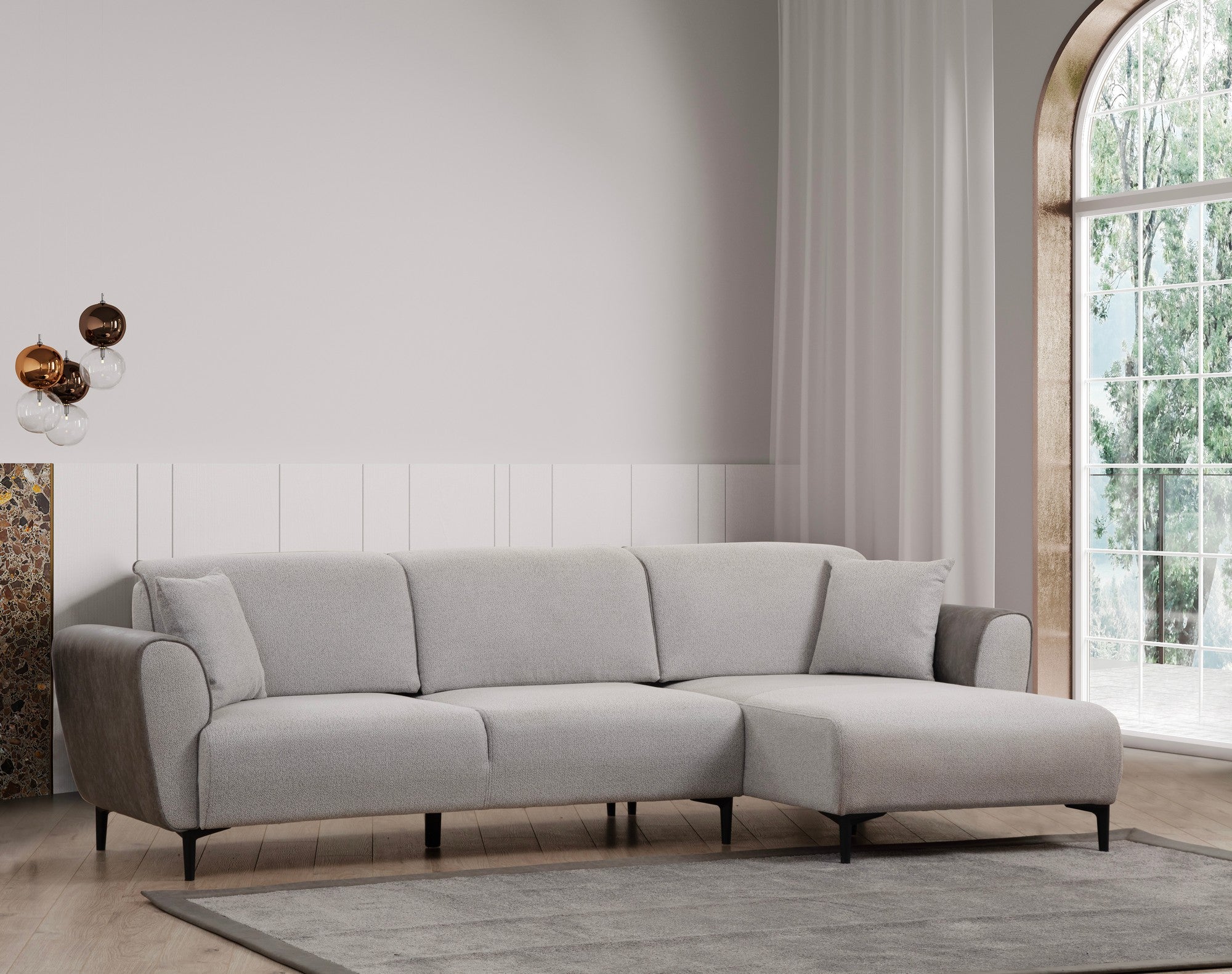 Sofá-cama de canto elegante, cinza, 150 x 260 cm | Estrutura em madeira de faia e aglomerado, 100% poliéster | Mecanismo giratório, tecido fácil de limpar, design moderno
