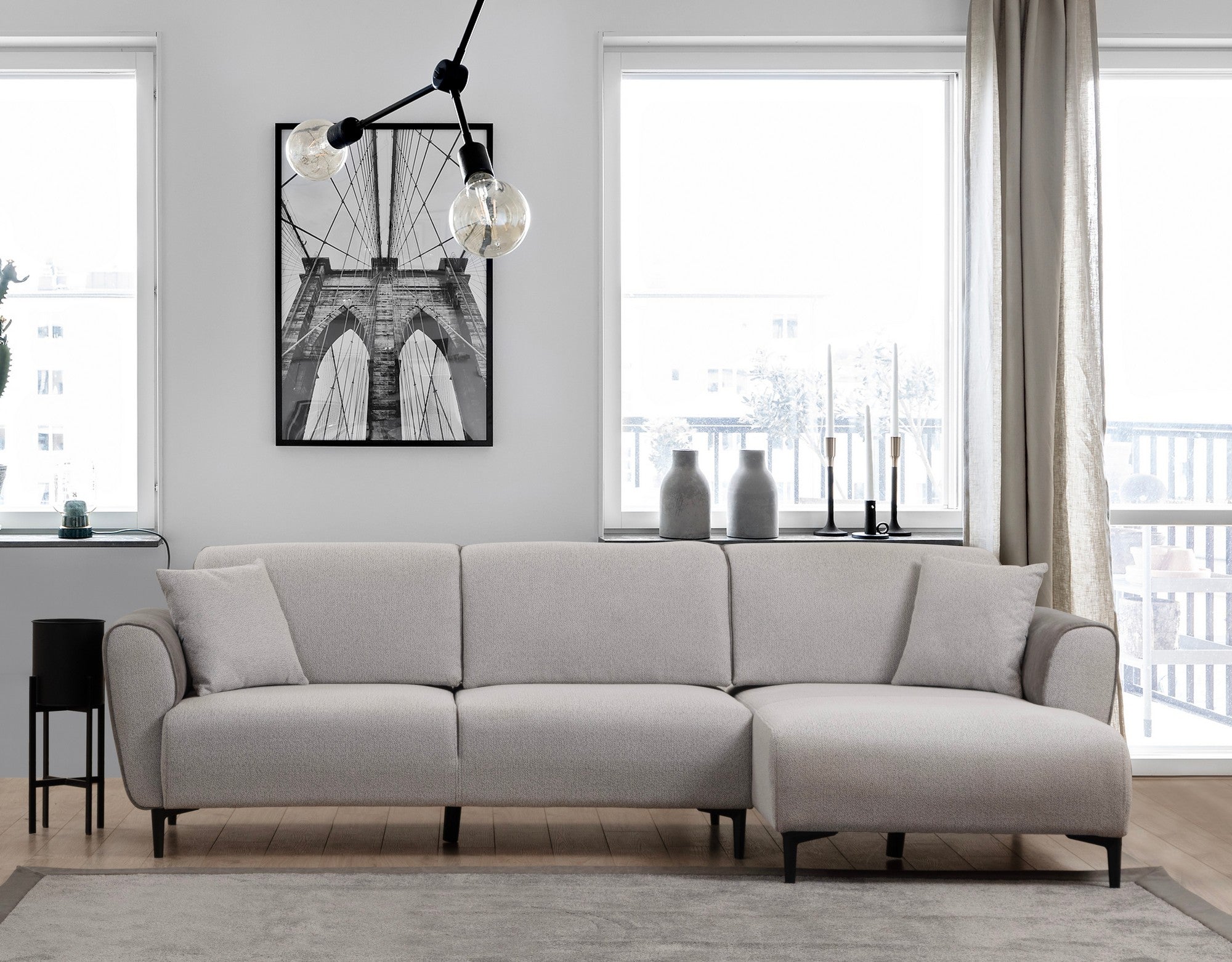 Sofá-cama de canto elegante, cinza, 150 x 260 cm | Estrutura em madeira de faia e aglomerado, 100% poliéster | Mecanismo giratório, tecido fácil de limpar, design moderno