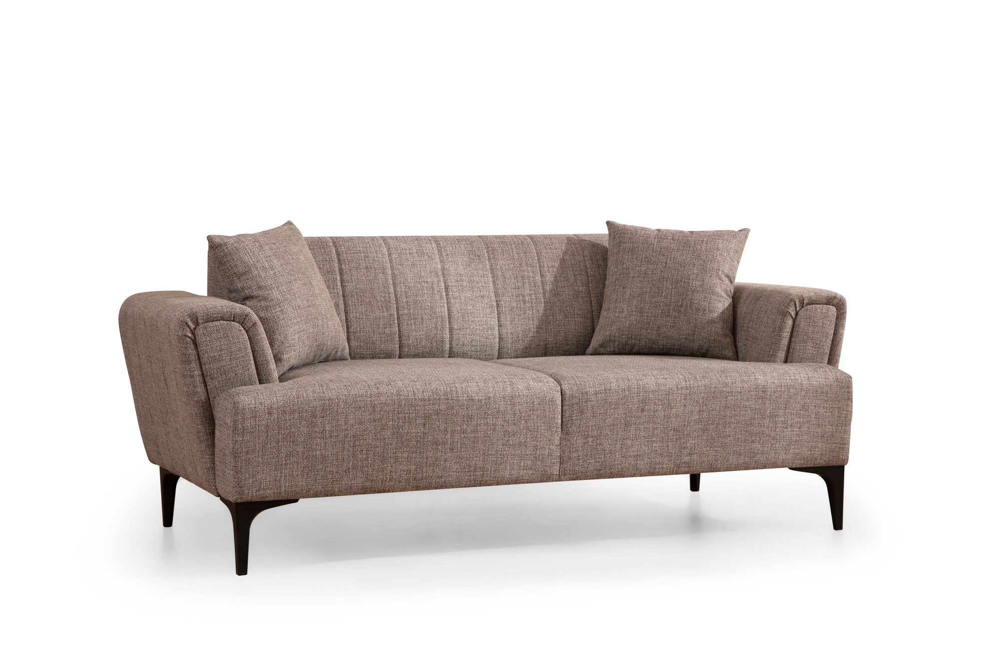 Sofá elegante de 2 lugares, marrom claro, 180 x 95 x 77 cm | Estrutura em madeira de faia e aglomerado, tecido 100% poliéster | Almofadas de espuma macia, design de fácil manutenção
