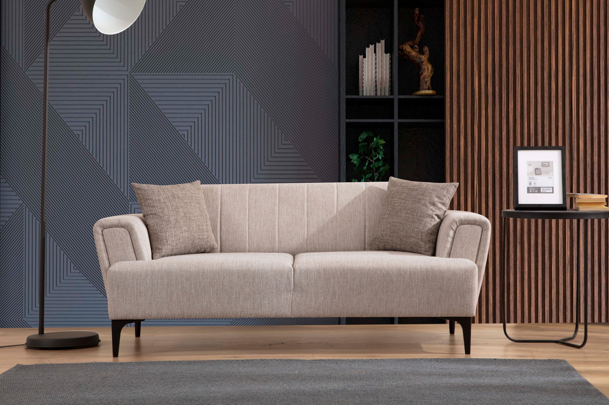 Sofá elegante de 2 lugares, bege, 180 x 95 x 77 cm | Estrutura em madeira de faia e aglomerado, tecido 100% poliéster | Almofadas de espuma macia, design fácil de limpar, conforto moderno