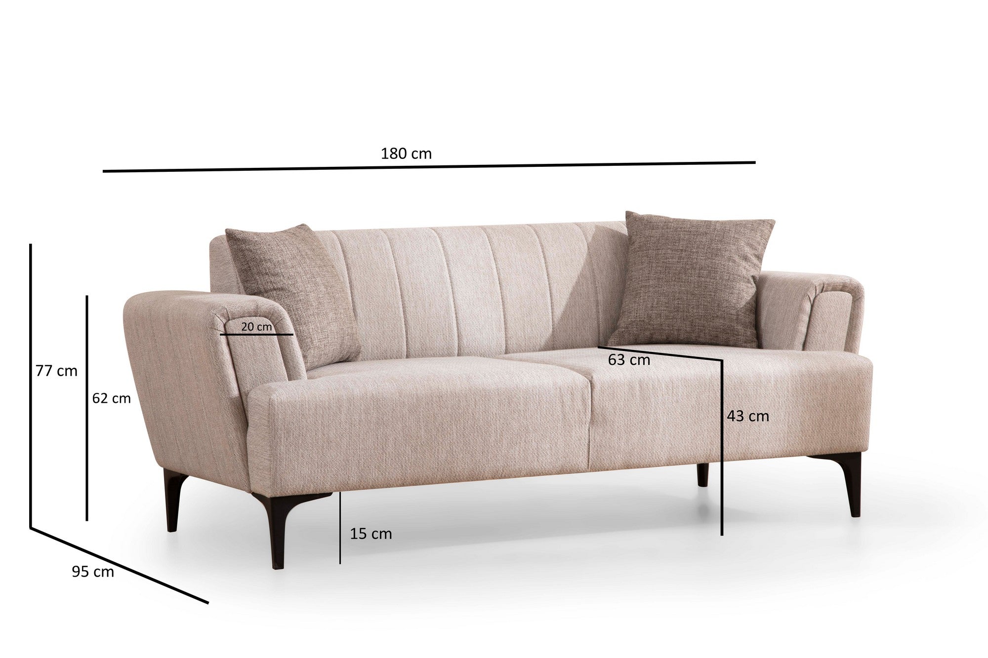 Sofá elegante de 2 lugares, bege, 180 x 95 x 77 cm | Estrutura em madeira de faia e aglomerado, tecido 100% poliéster | Almofadas de espuma macia, design fácil de limpar, conforto moderno