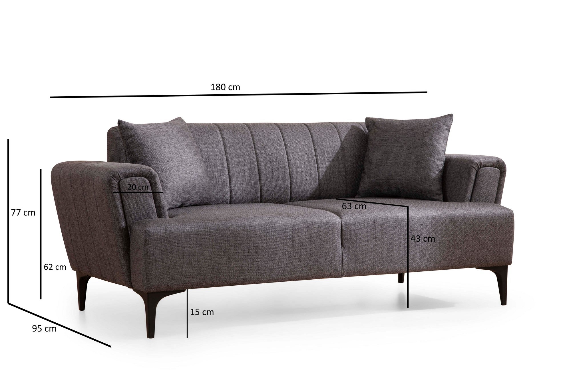 Sofá elegante de 2 lugares, cinza escuro, 180 x 95 x 77 cm | Estrutura em madeira de faia e aglomerado, tecido 100% poliéster | Almofadas de espuma macia, design de fácil manutenção