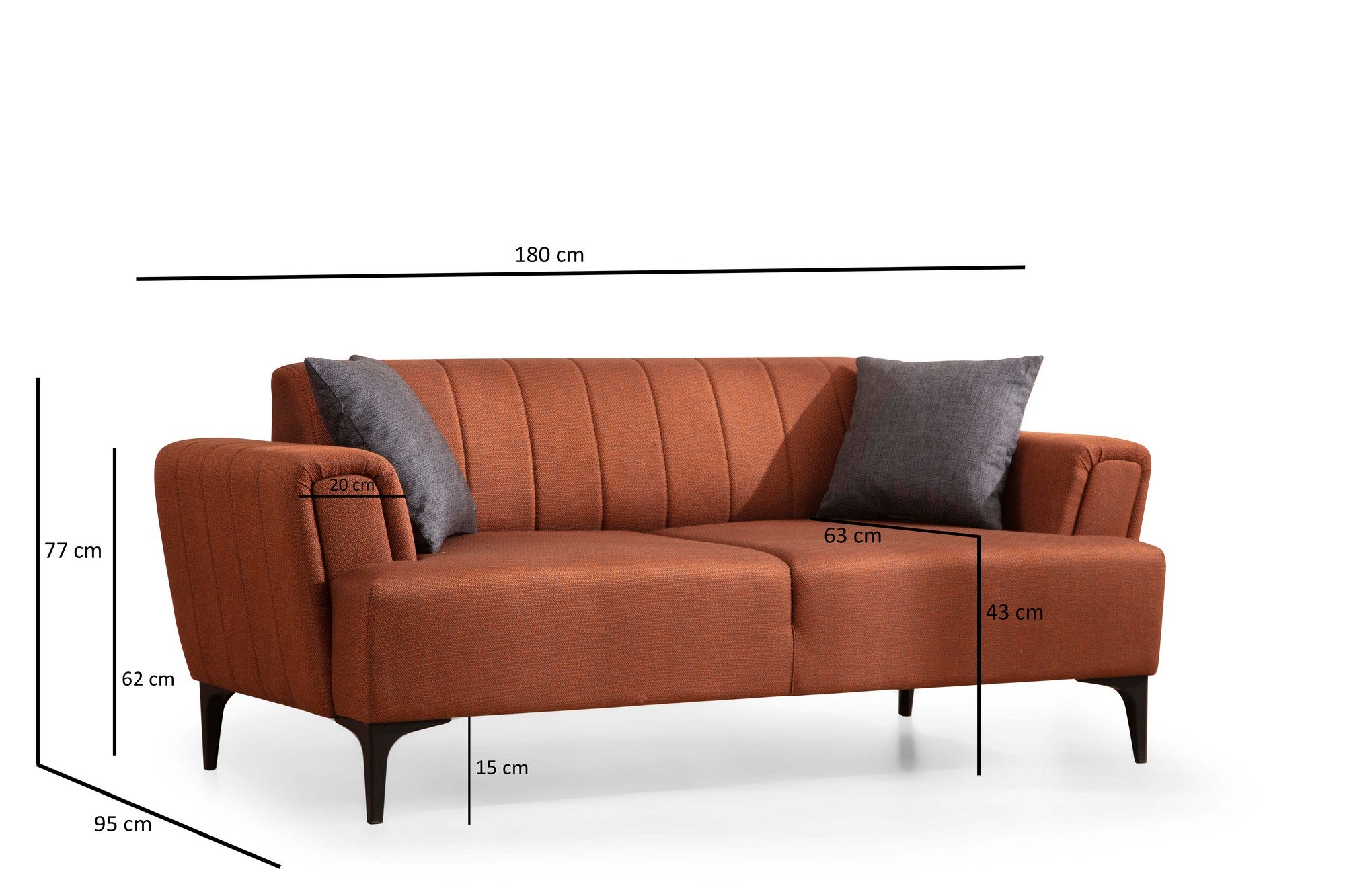 Sofá elegante de 2 lugares, vermelho-azulejo, 180 x 95 x 77 cm | Estrutura em madeira de faia e aglomerado, tecido 100% poliéster | Almofadas de espuma macia, design de fácil manutenção