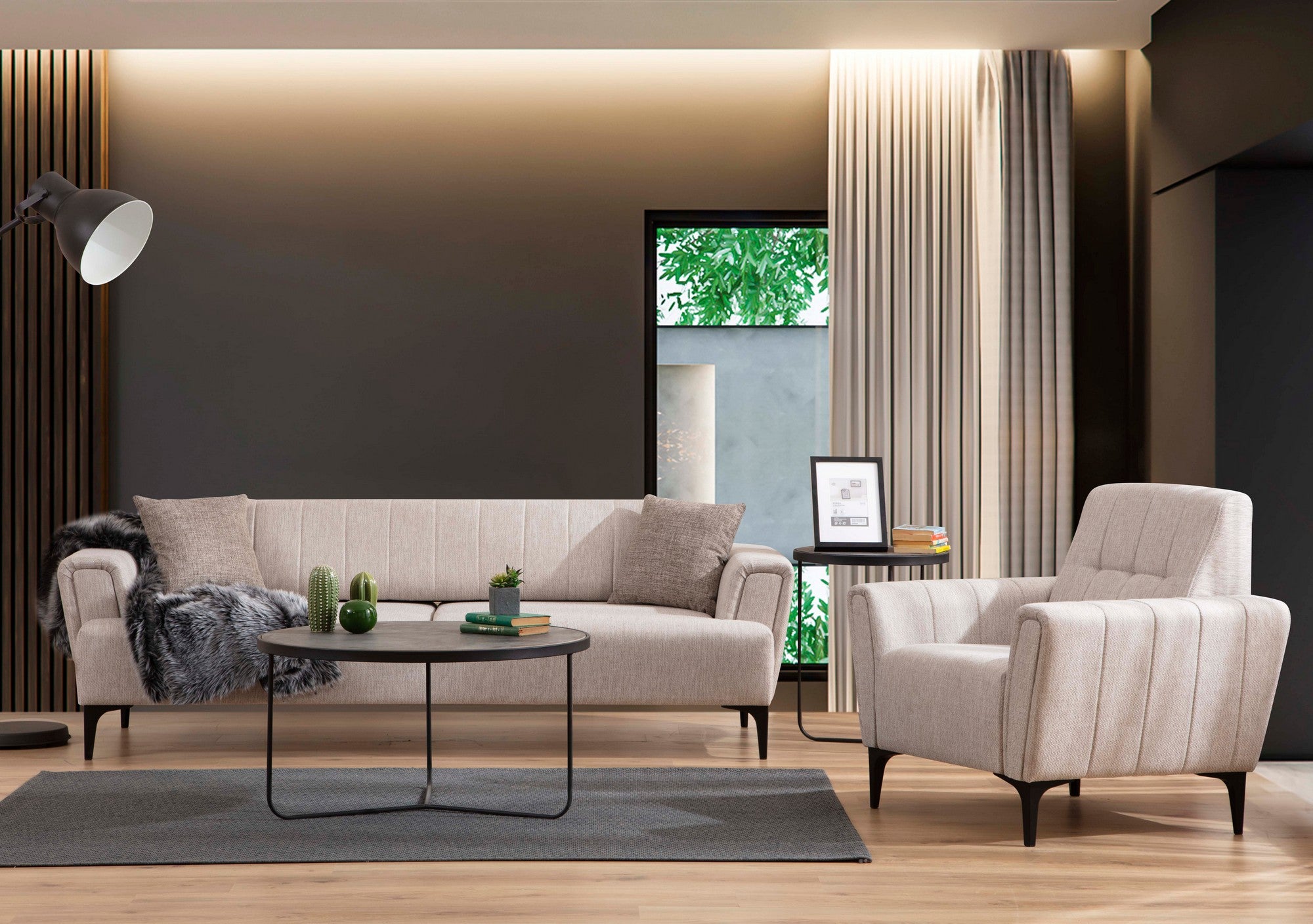 Sofá-cama elegante de 3 lugares, bege, 230 cm | Estrutura em madeira de faia, 100% poliéster, mecanismo giratório | Espuma confortável, tecido fácil de limpar, design moderno