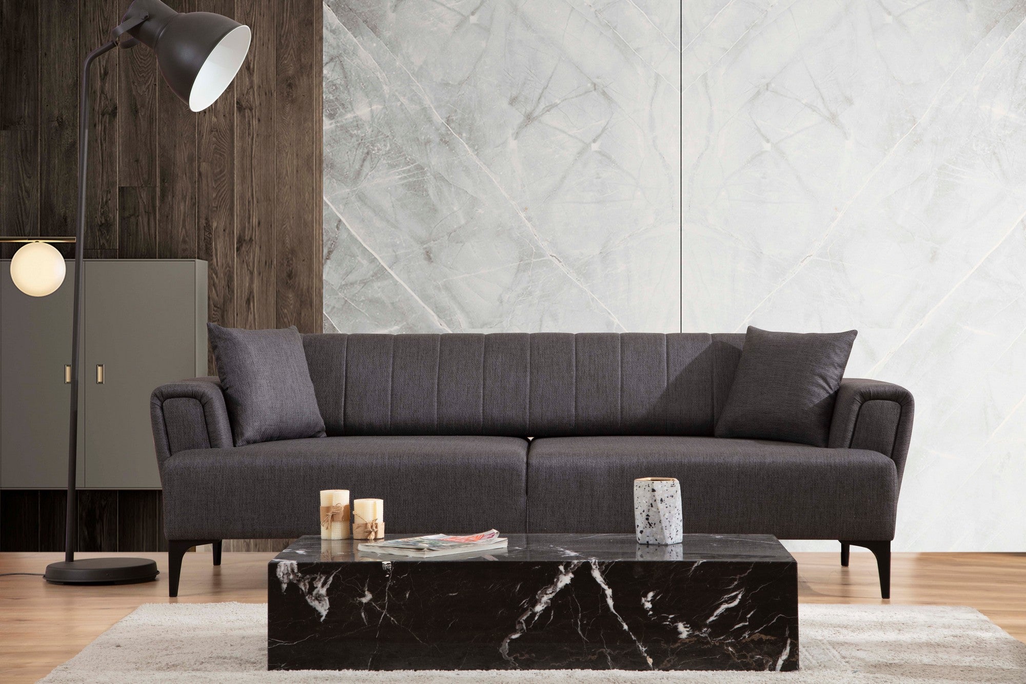 Sofá-cama elegante de 3 lugares, cinza escuro, 230 x 95 x 77 cm | Estrutura em madeira de faia, 100% poliéster, mecanismo giratório | Perfeito para espaços modernos