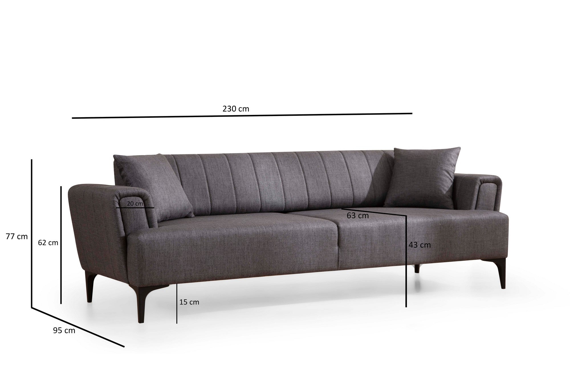 Sofá-cama elegante de 3 lugares, cinza escuro, 230 x 95 x 77 cm | Estrutura em madeira de faia, 100% poliéster, mecanismo giratório | Perfeito para espaços modernos