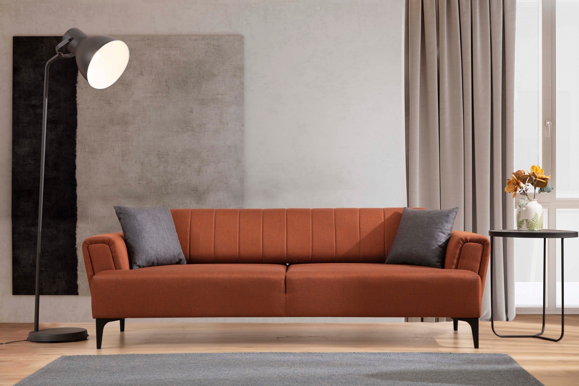 Sofá-cama elegante de 3 lugares, vermelho-azulejo, 230 x 95 x 77 cm | Estrutura em madeira de faia, 100% poliéster, mecanismo giratório | Perfeito para espaços modernos
