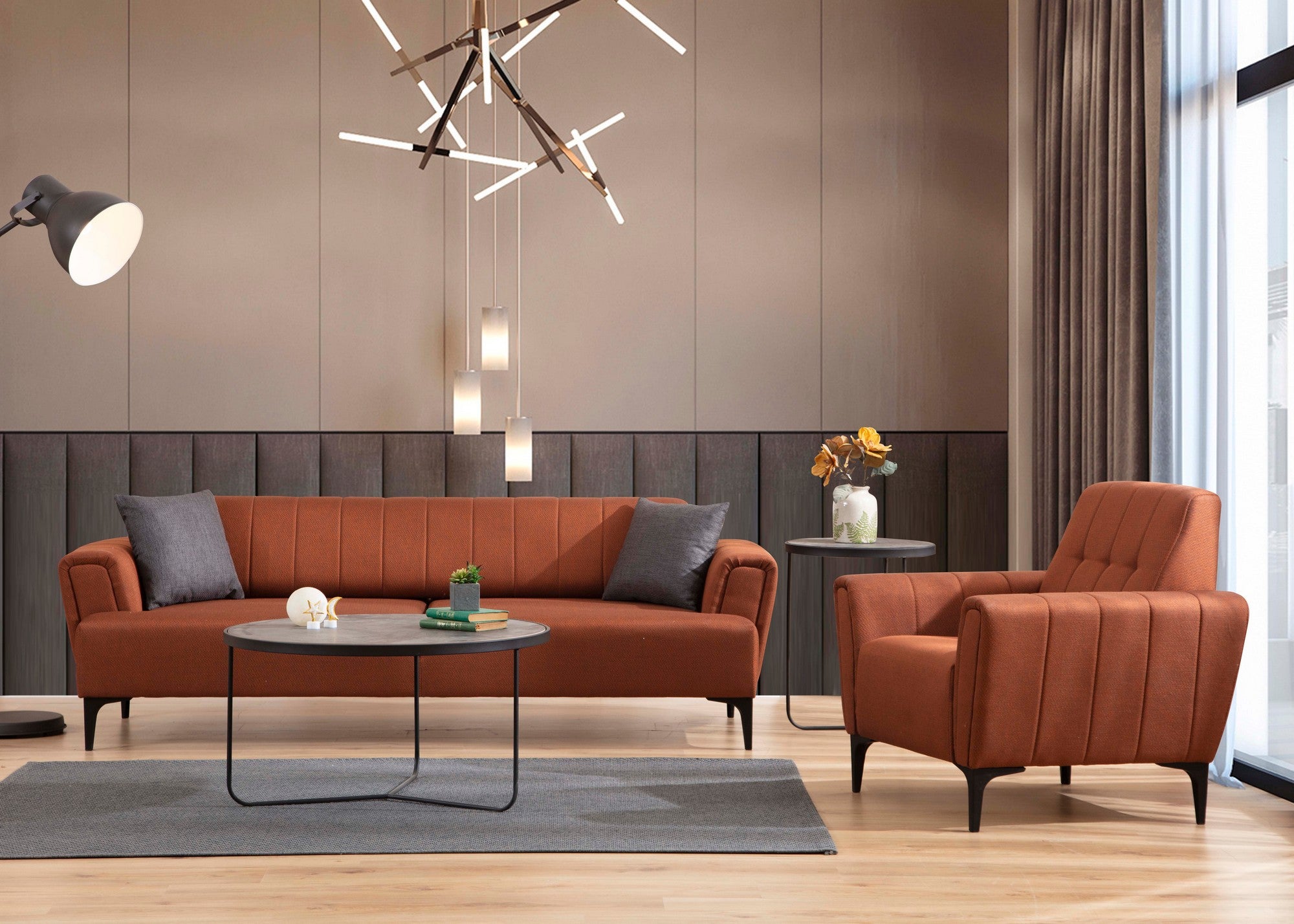 Sofá-cama elegante de 3 lugares, vermelho-azulejo, 230 x 95 x 77 cm | Estrutura em madeira de faia, 100% poliéster, mecanismo giratório | Perfeito para espaços modernos
