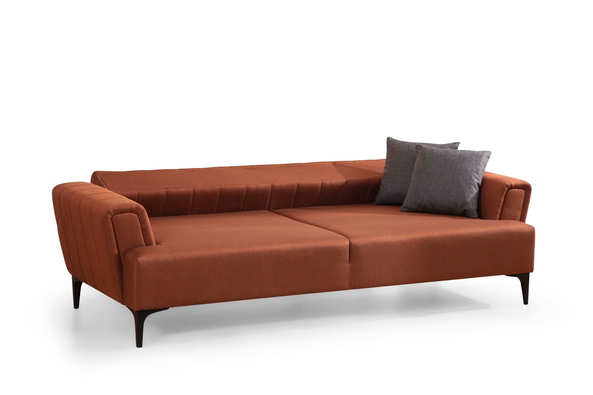Sofá-cama elegante de 3 lugares, vermelho-azulejo, 230 x 95 x 77 cm | Estrutura em madeira de faia, 100% poliéster, mecanismo giratório | Perfeito para espaços modernos
