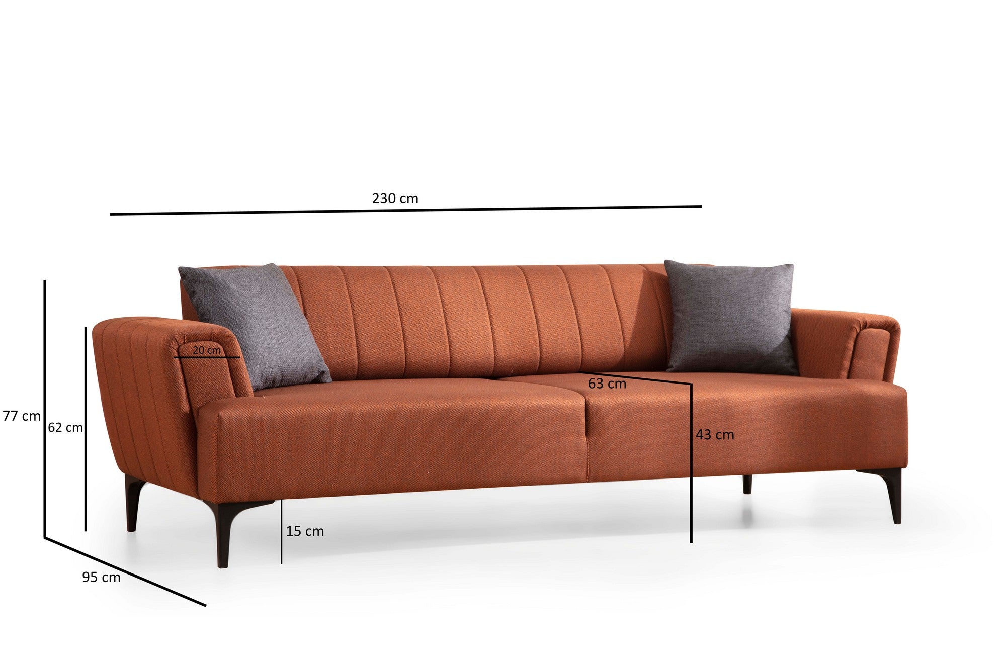 Sofá-cama elegante de 3 lugares, vermelho-azulejo, 230 x 95 x 77 cm | Estrutura em madeira de faia, 100% poliéster, mecanismo giratório | Perfeito para espaços modernos