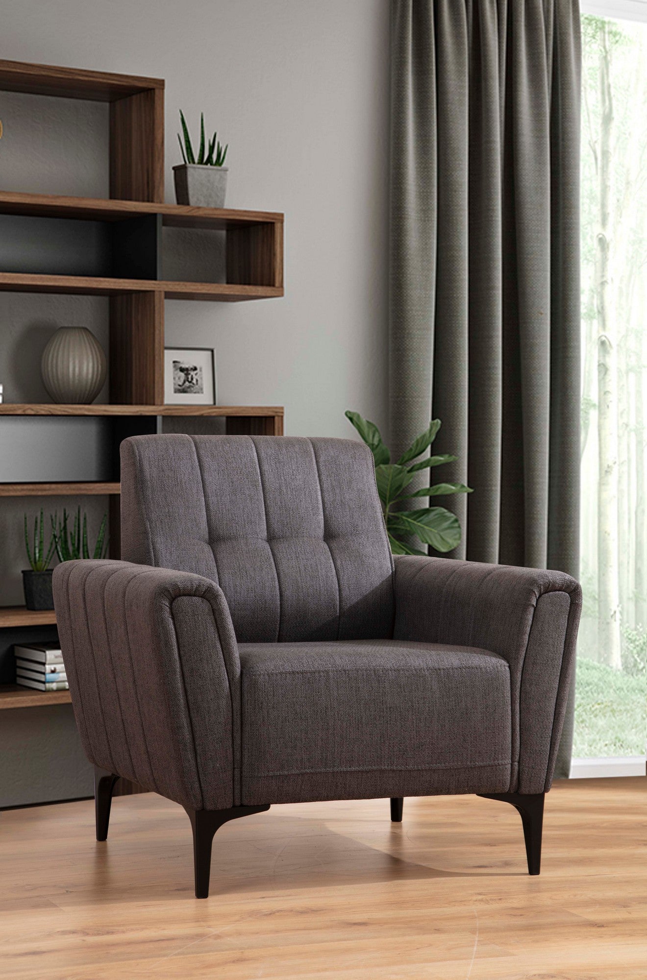 Sofá elegante de 1 lugar, cinza escuro, 90 x 95 x 77 cm | Estrutura em madeira de faia e aglomerado, tecido 100% poliéster | Almofadas de espuma macia, design de fácil manutenção