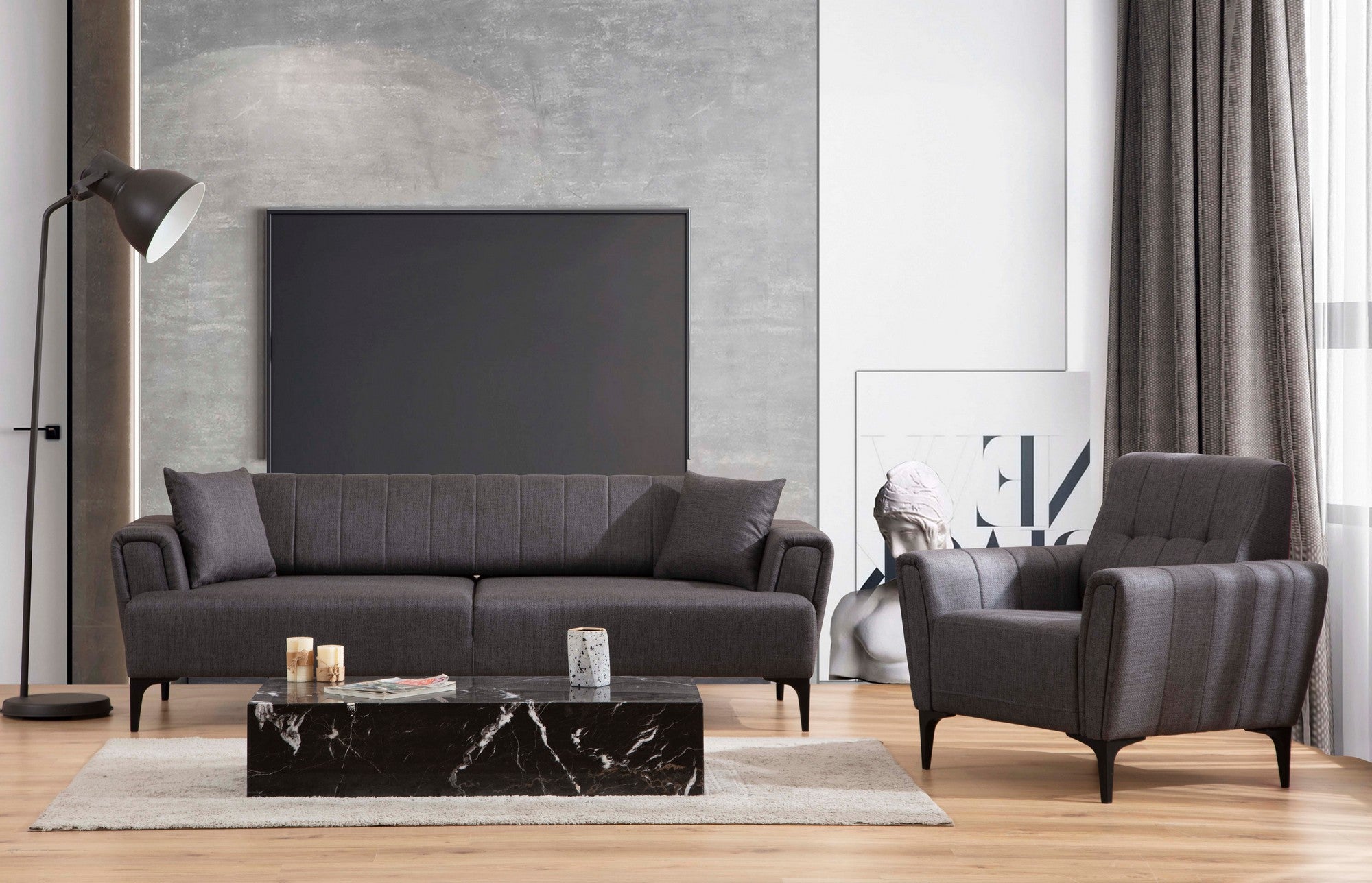 Sofá elegante de 1 lugar, cinza escuro, 90 x 95 x 77 cm | Estrutura em madeira de faia e aglomerado, tecido 100% poliéster | Almofadas de espuma macia, design de fácil manutenção