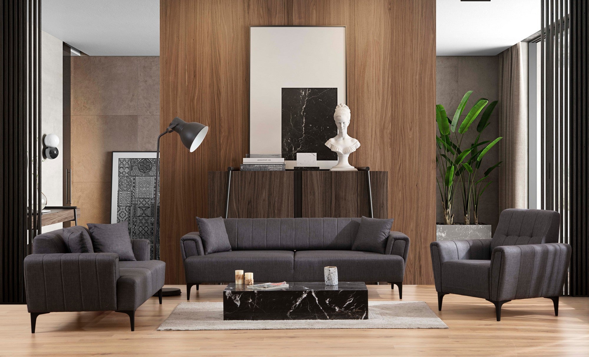 Sofá elegante de 1 lugar, cinza escuro, 90 x 95 x 77 cm | Estrutura em madeira de faia e aglomerado, tecido 100% poliéster | Almofadas de espuma macia, design de fácil manutenção