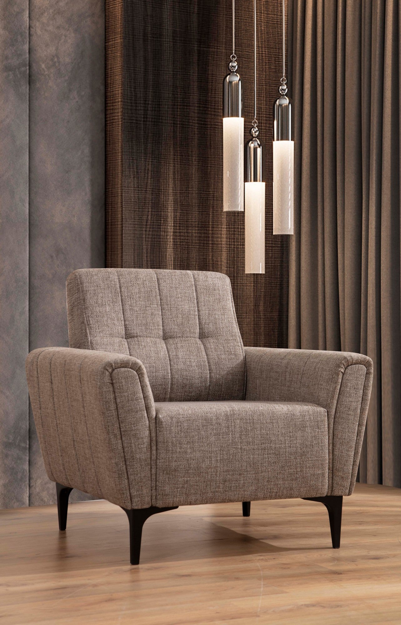 Sofá elegante de 1 lugar, marrom claro, 90 x 95 x 77 cm | Estrutura em madeira de faia e aglomerado, tecido 100% poliéster | Almofadas de espuma macia, design de fácil manutenção
