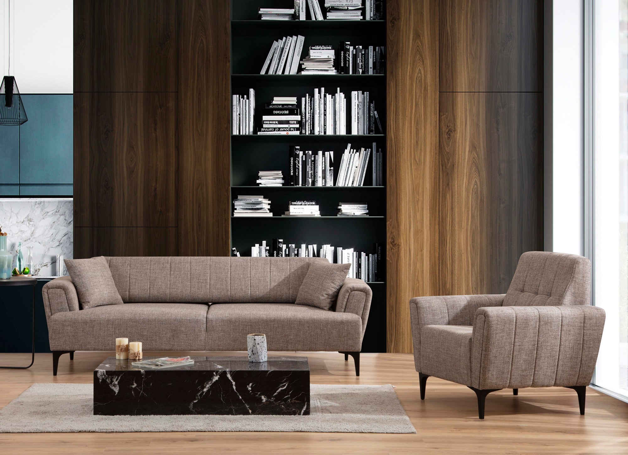 Sofá elegante de 1 lugar, marrom claro, 90 x 95 x 77 cm | Estrutura em madeira de faia e aglomerado, tecido 100% poliéster | Almofadas de espuma macia, design de fácil manutenção