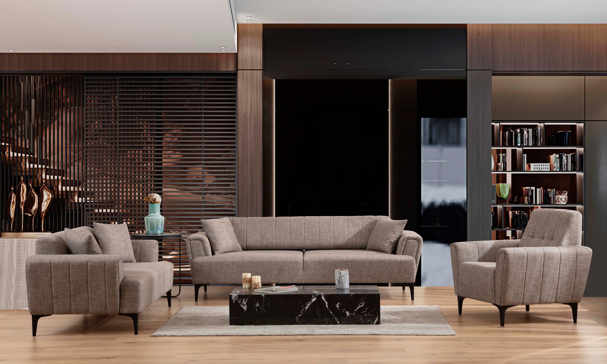 Sofá elegante de 1 lugar, marrom claro, 90 x 95 x 77 cm | Estrutura em madeira de faia e aglomerado, tecido 100% poliéster | Almofadas de espuma macia, design de fácil manutenção