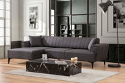 Sofá-cama de canto elegante, cinza escuro, 140x270 cm | Estrutura em madeira de faia e aglomerado, 100% poliéster | Mecanismo giratório, fácil manutenção, design moderno