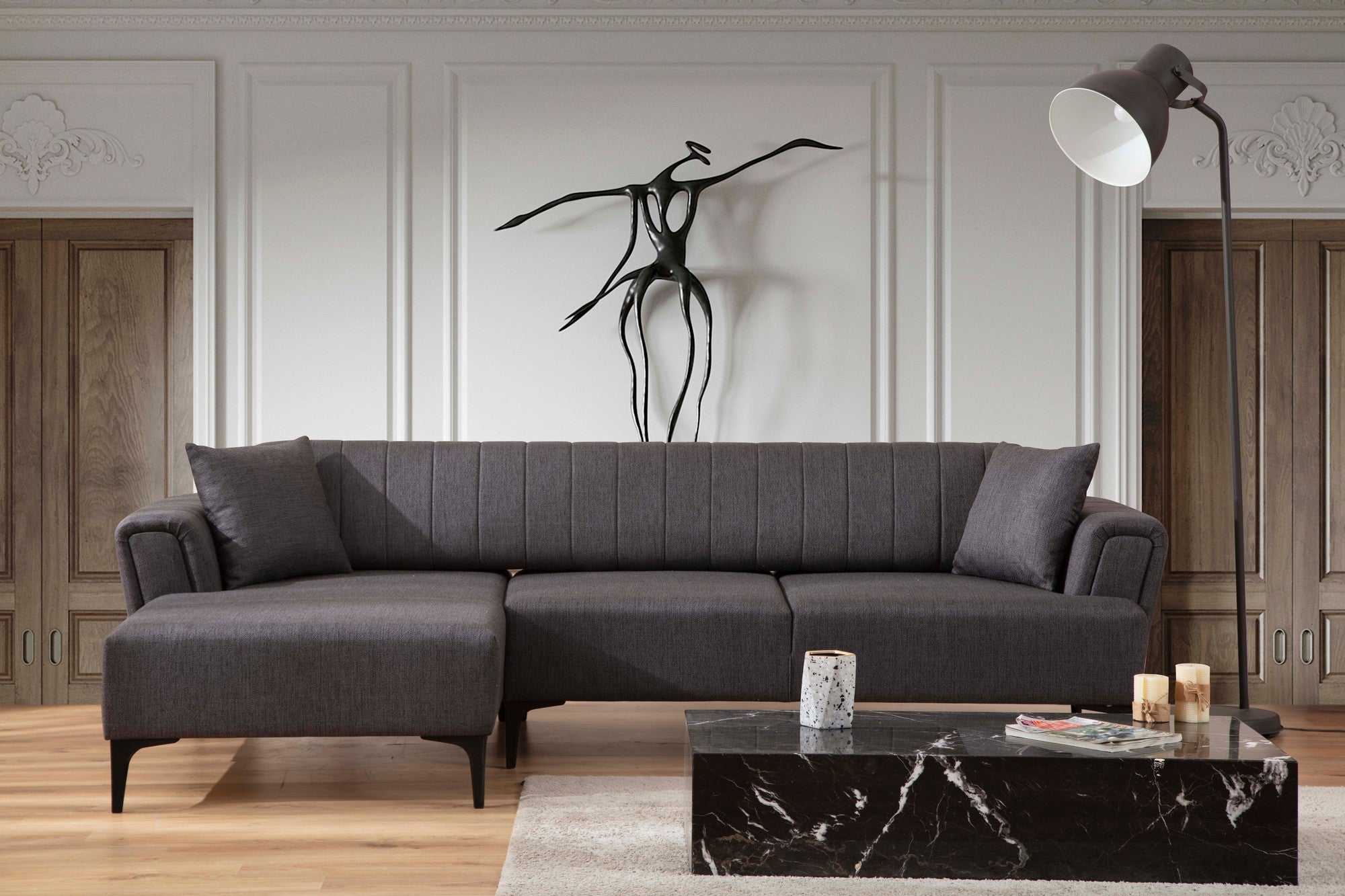 Sofá-cama de canto elegante, cinza escuro, 140x270 cm | Estrutura em madeira de faia e aglomerado, 100% poliéster | Mecanismo giratório, fácil manutenção, design moderno