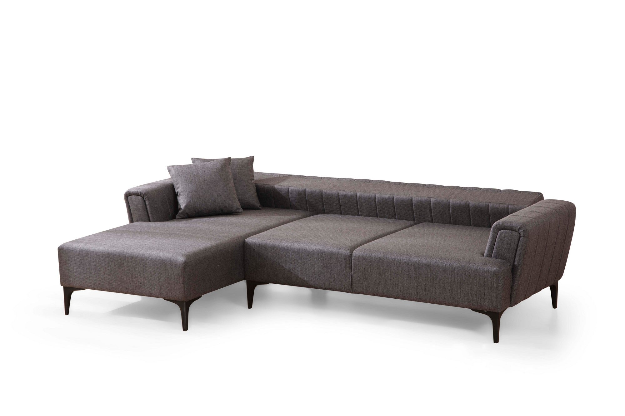 Sofá-cama de canto elegante, cinza escuro, 140x270 cm | Estrutura em madeira de faia e aglomerado, 100% poliéster | Mecanismo giratório, fácil manutenção, design moderno