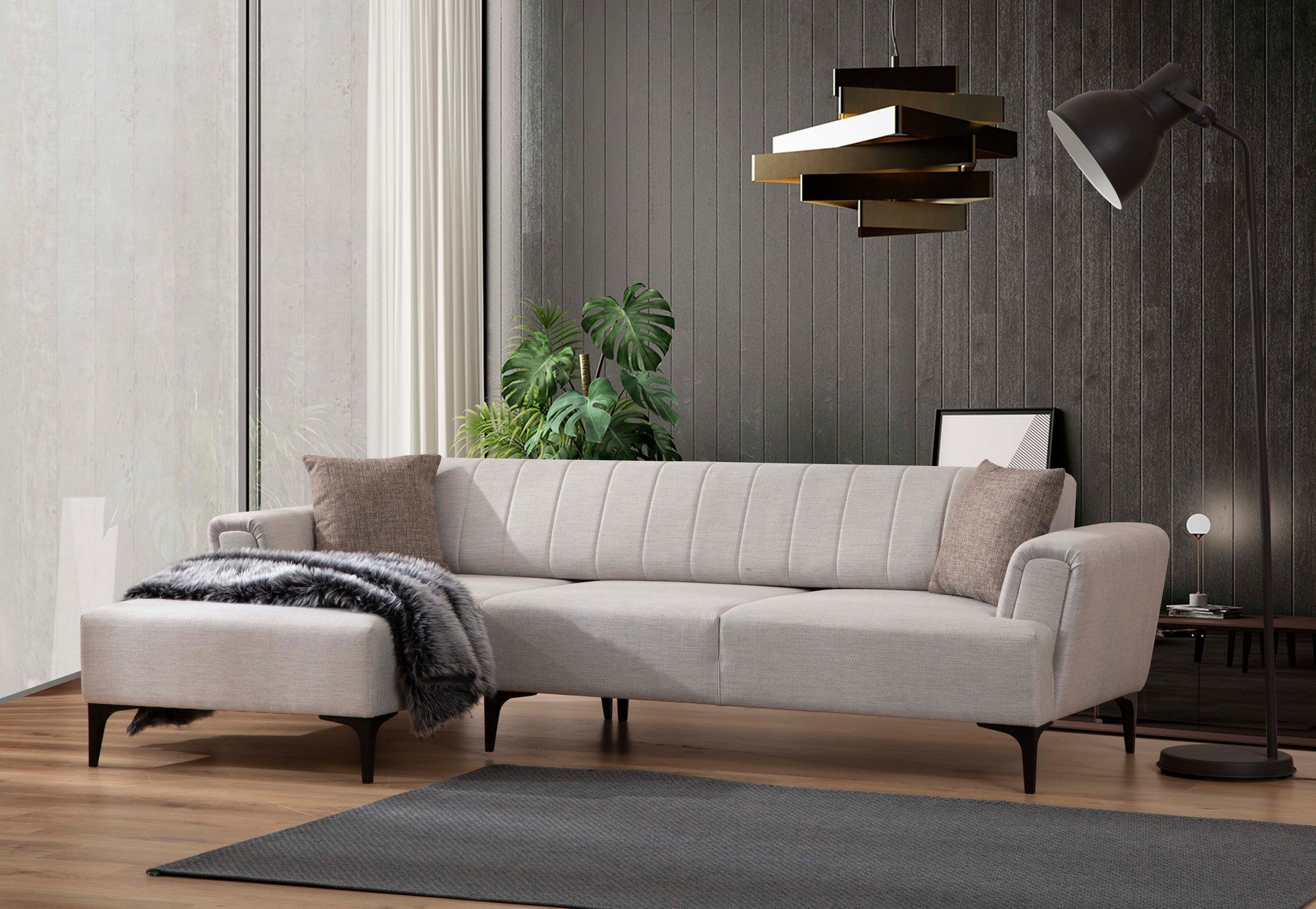 Sofá-cama de canto elegante, cru, 140x270 cm | Estrutura em madeira de faia e aglomerado, 100% poliéster, mecanismo giratório | Perfeito para espaços modernos