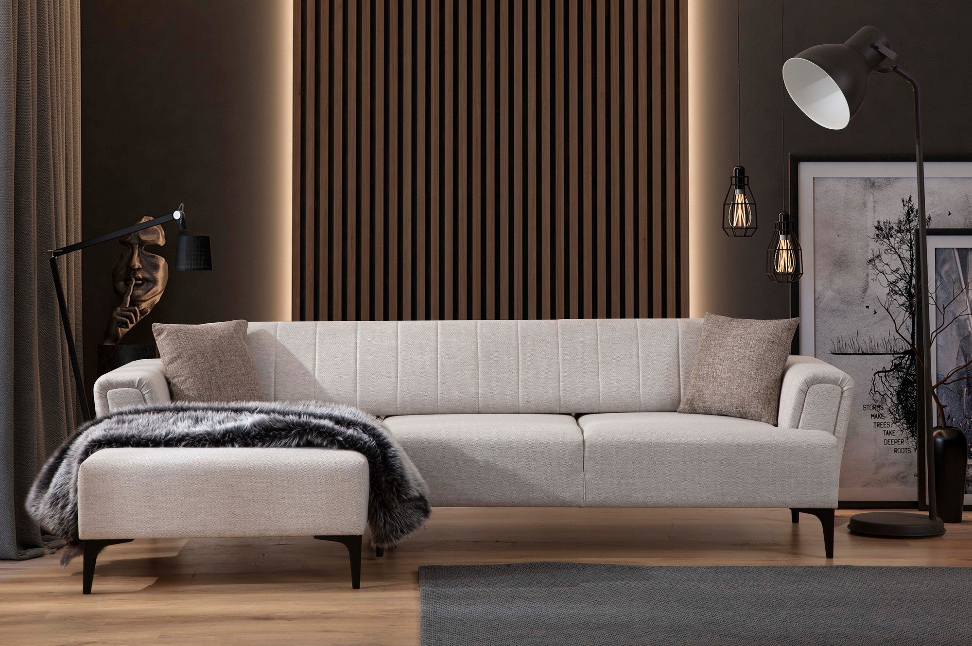 Sofá-cama de canto elegante, cru, 140x270 cm | Estrutura em madeira de faia e aglomerado, 100% poliéster, mecanismo giratório | Perfeito para espaços modernos
