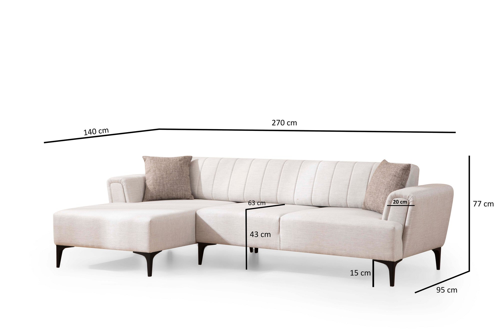 Sofá-cama de canto elegante, cru, 140x270 cm | Estrutura em madeira de faia e aglomerado, 100% poliéster, mecanismo giratório | Perfeito para espaços modernos